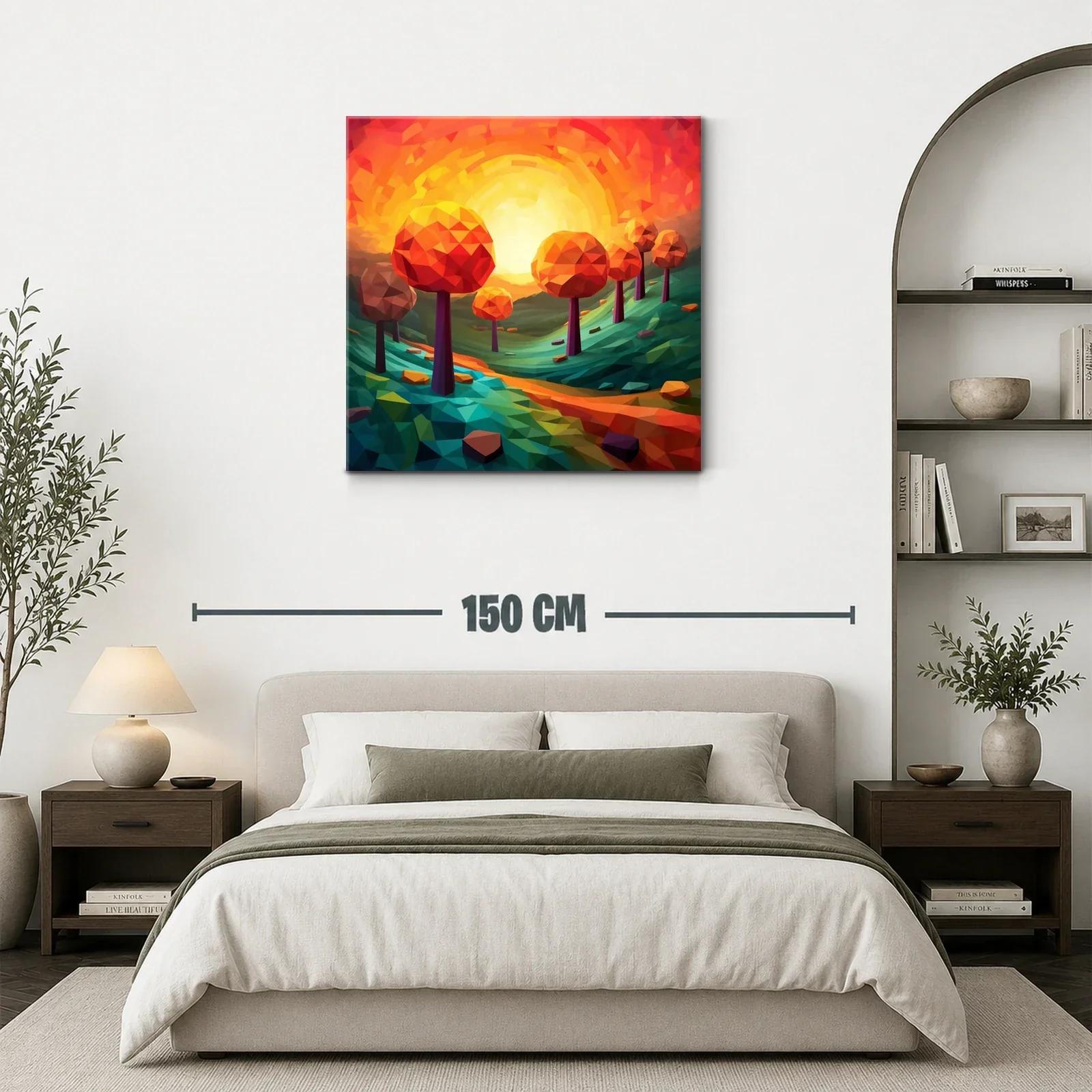 Paisaje geométrico con árboles naranjas al atardecer — miniatura 3