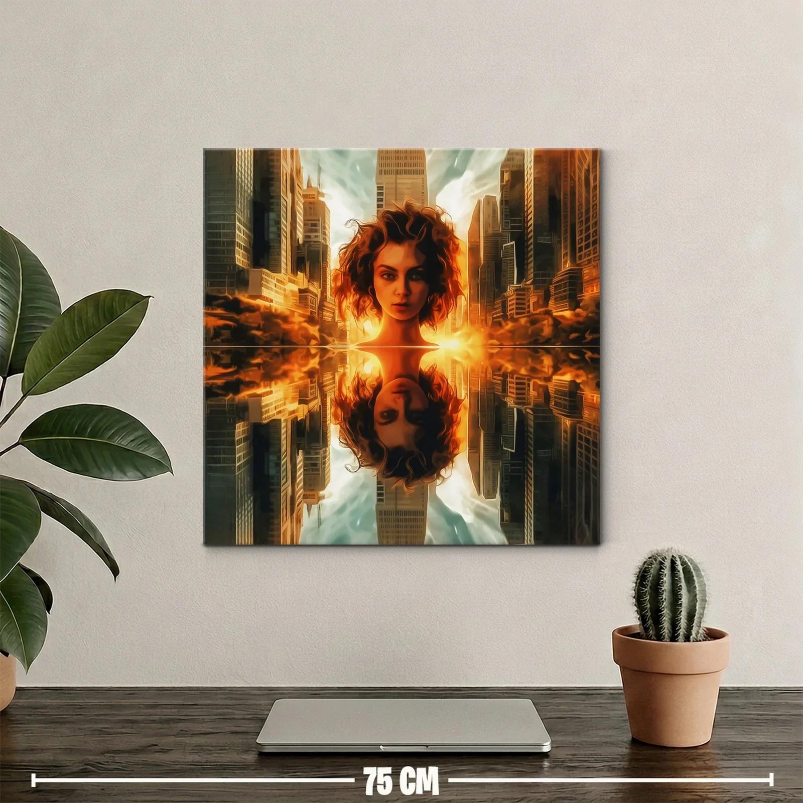 Mujer reflejada en ciudad al atardecer vibrante — miniatura 2