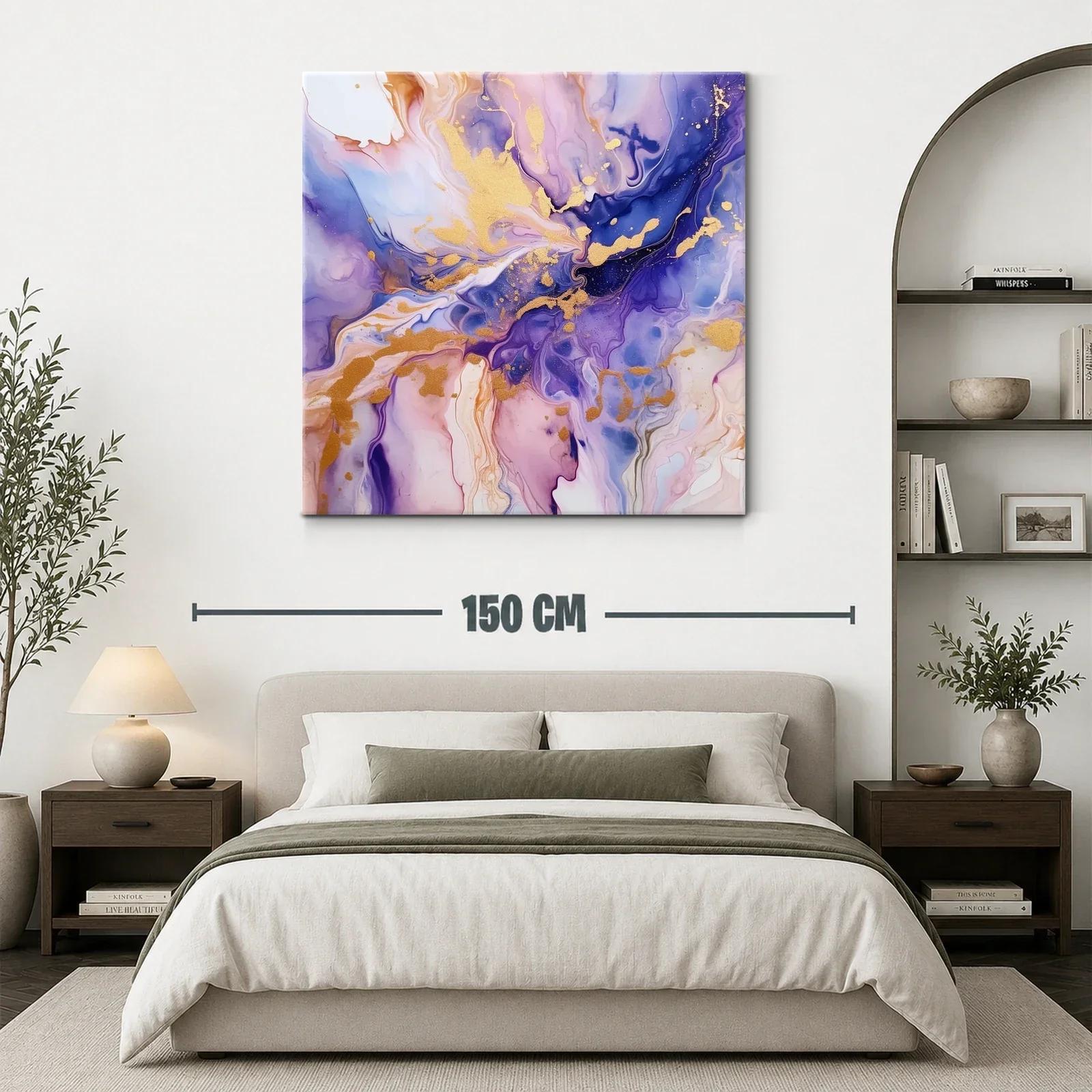 Cuadro abstracto en tonos violetas y dorados vibrantes — miniatura 3