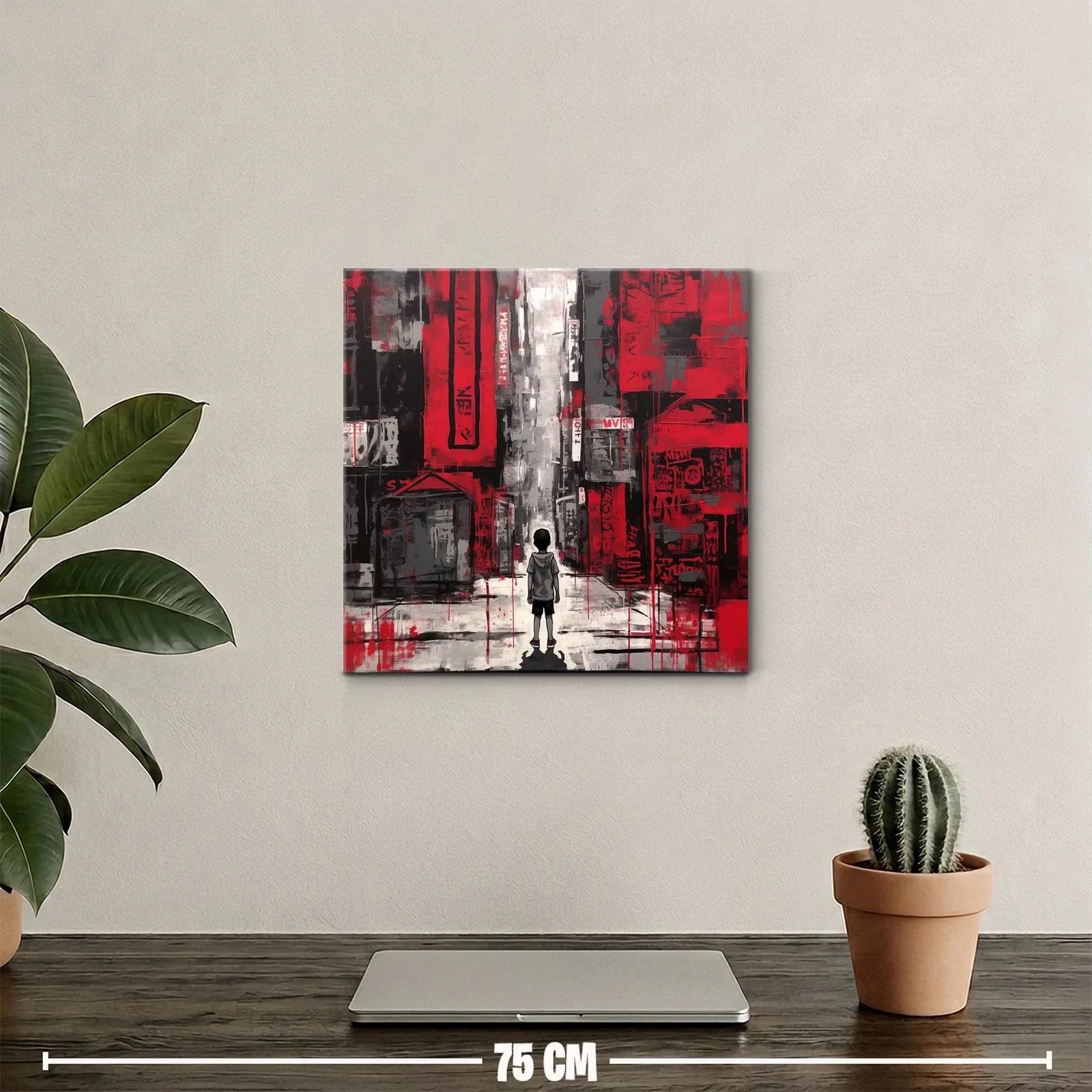 Escena urbana con niño en tonos rojos y grises vibrantes — miniatura 2