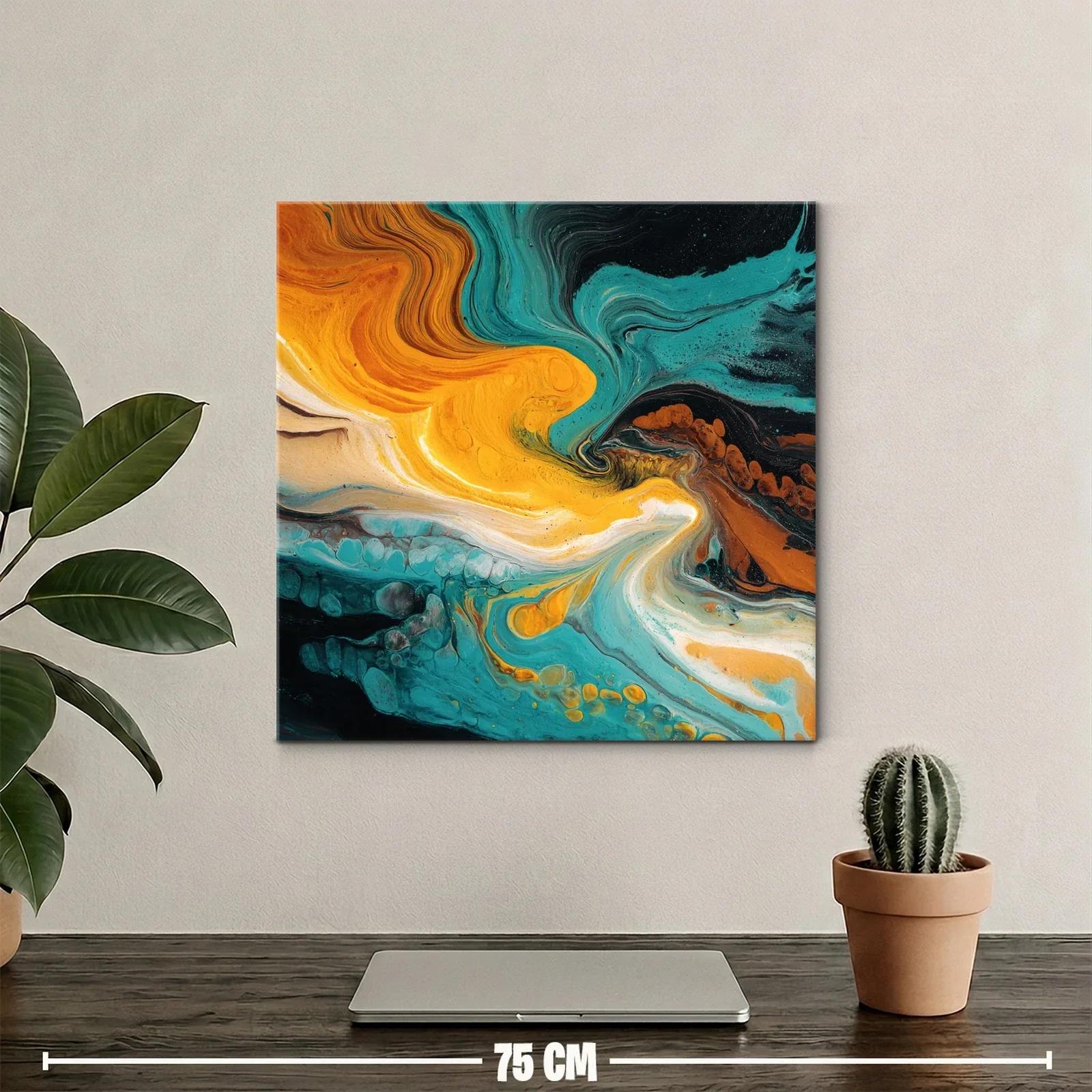 Cuadro abstracto con tonos turquesa y naranja vibrante — miniatura 2