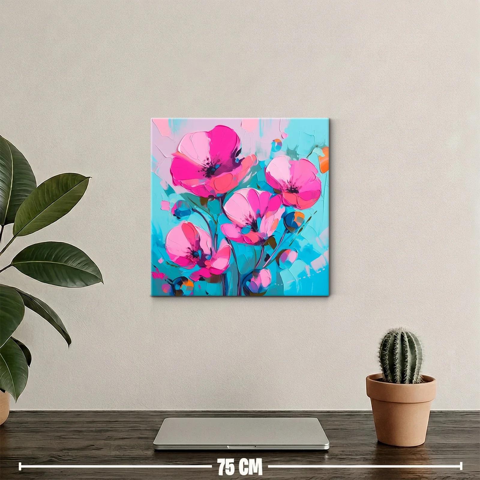 Cuadro floral con vibrantes tonalidades rosa y azul turquesa — miniatura 2