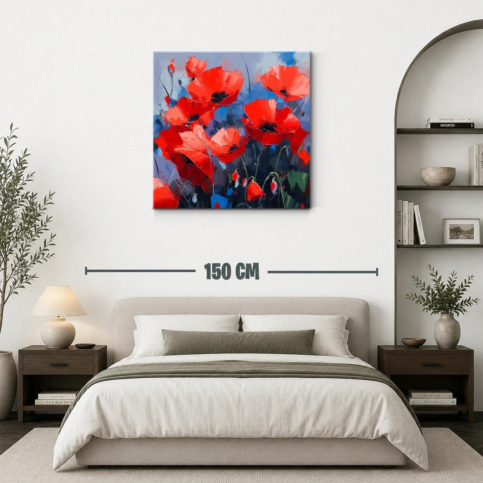Cuadro vibrante con amapolas rojas sobre fondo azul — miniatura 3