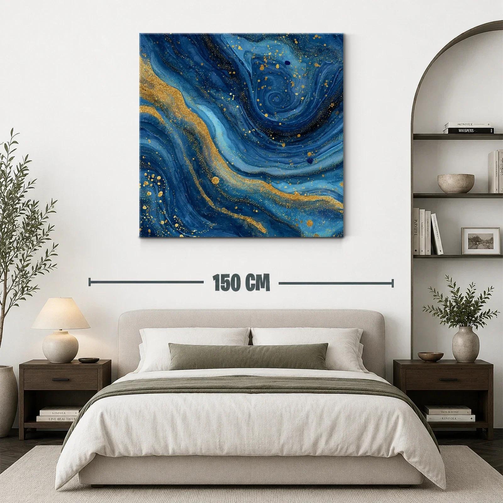 Cuadro abstracto en azul profundo con destellos dorados — miniatura 3