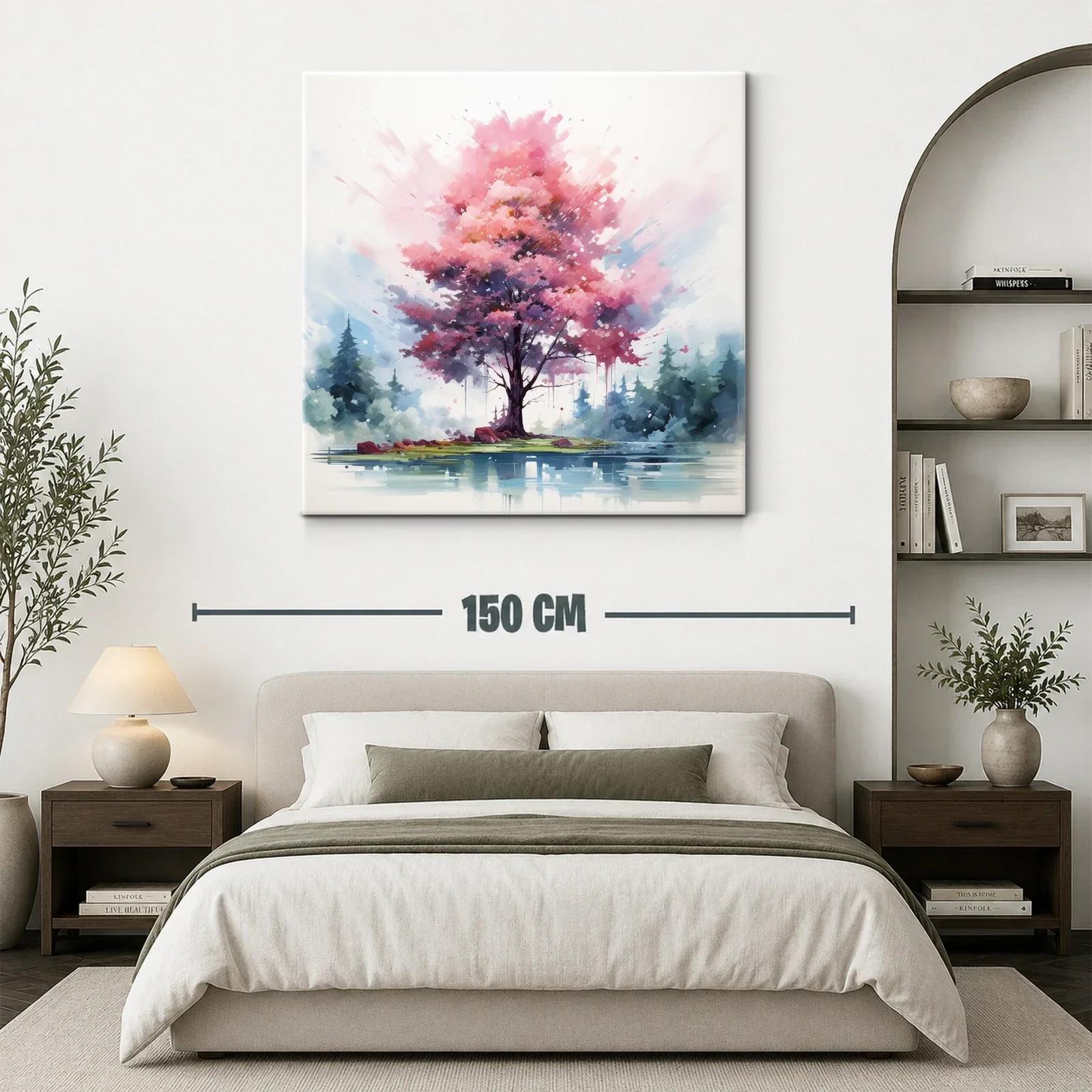 Árbol rosa vibrante junto a lago en paisaje sereno — miniatura 3