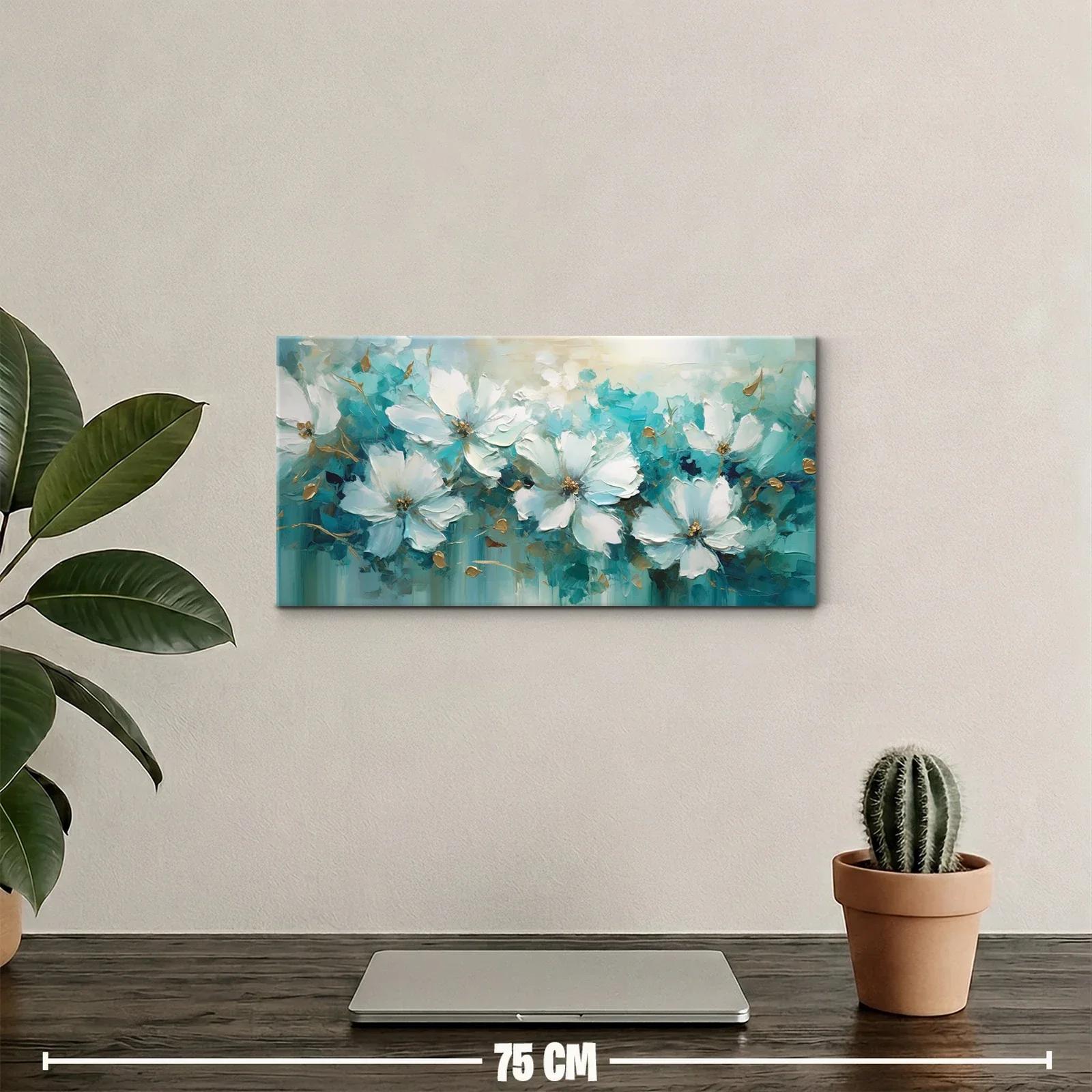 Cuadro flores blancas con toques turquesa y dorados — miniatura 2