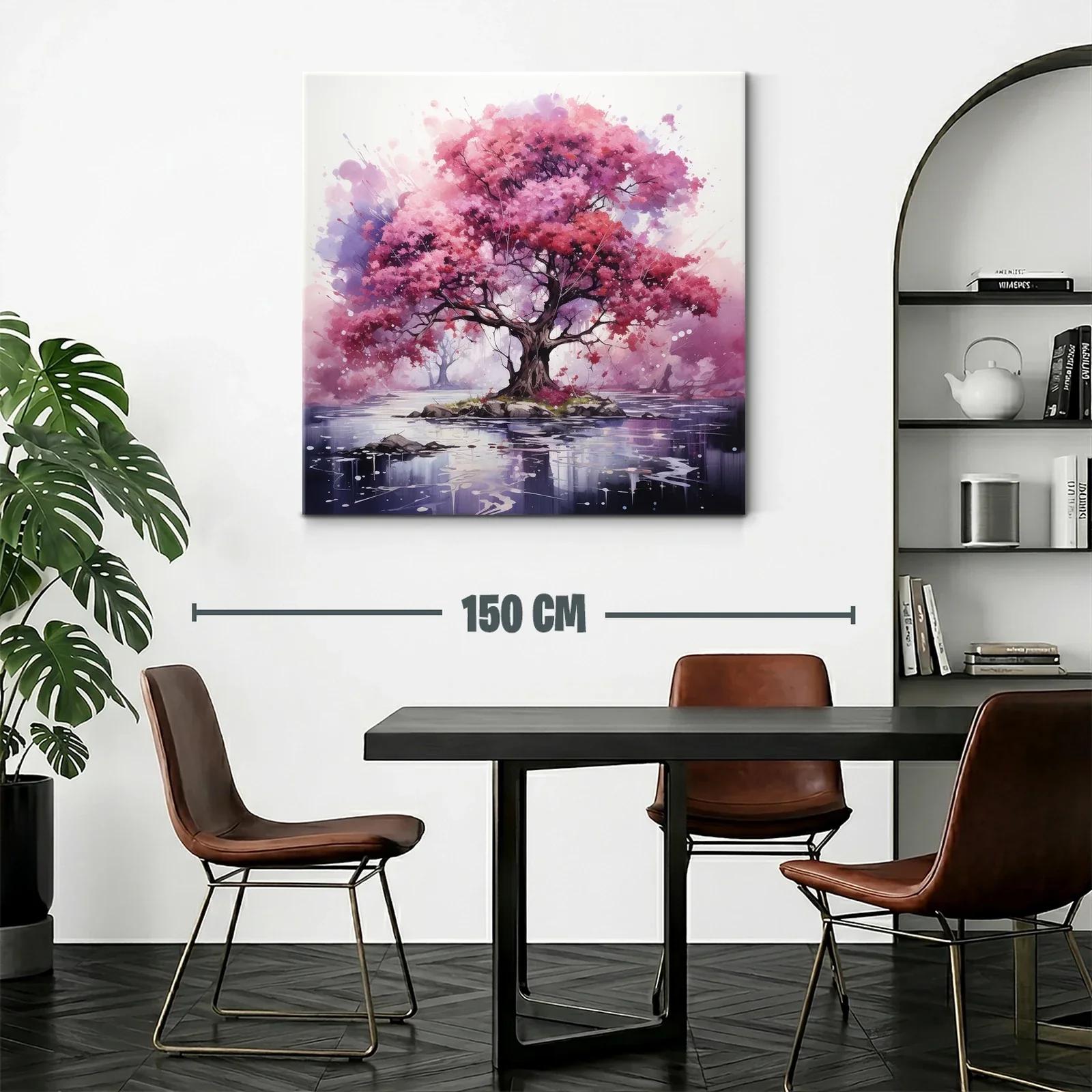 Árbol rosa vibrante sobre isla en lago sereno — miniatura 2