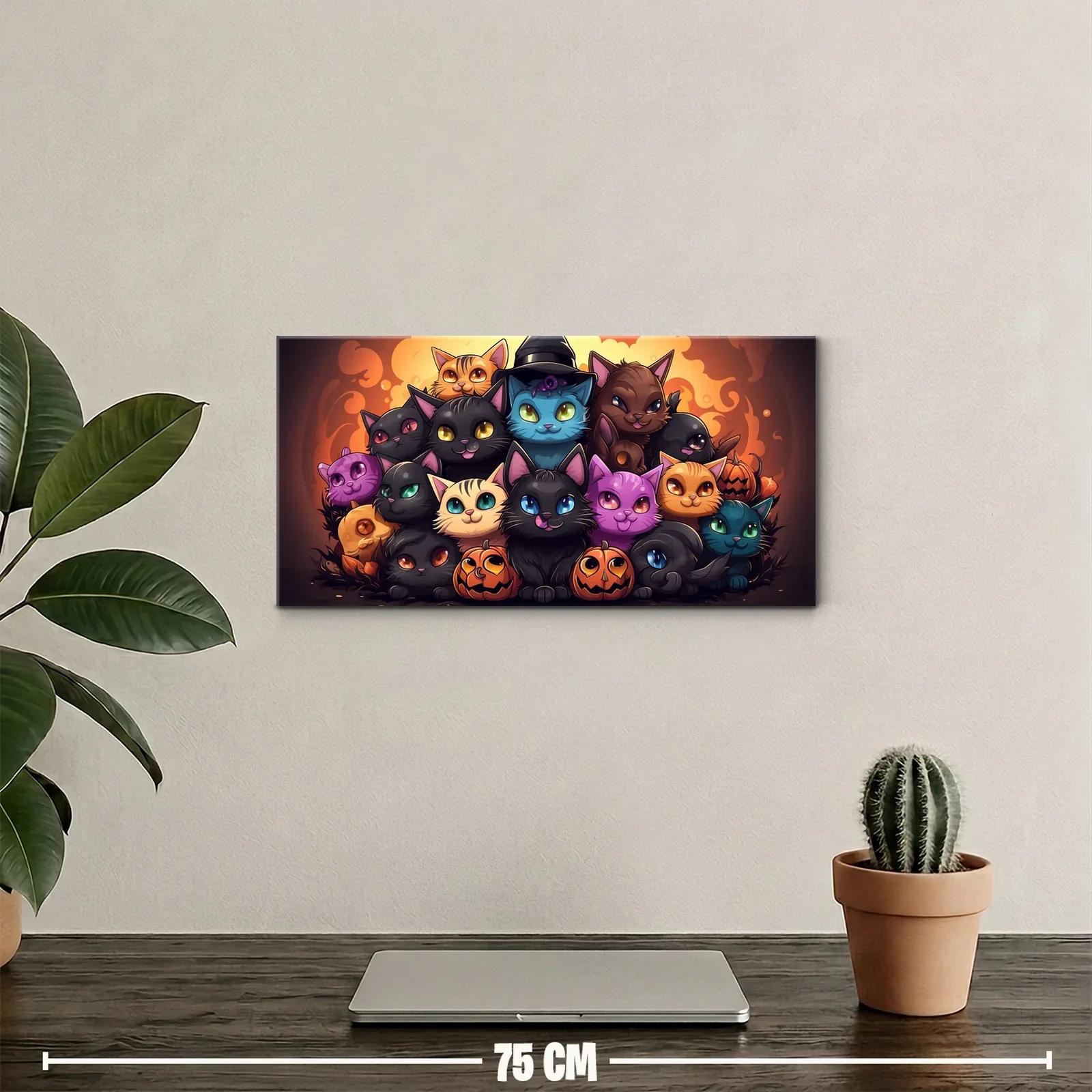 Cuadro grupo de gatos con calabazas de Halloween y fondo luminoso — miniatura 2