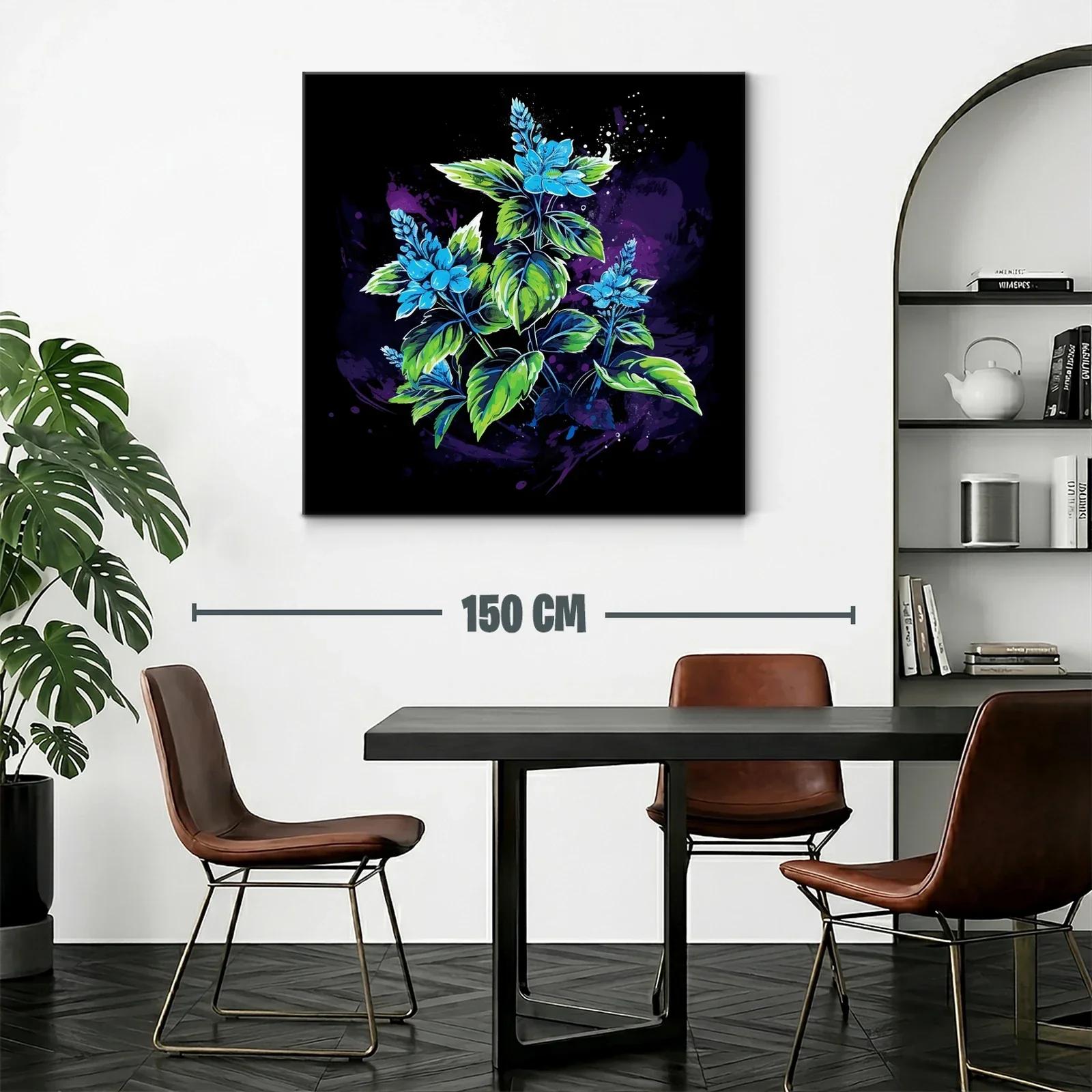 Cuadro con flores azules y hojas verdes sobre fondo oscuro — miniatura 2