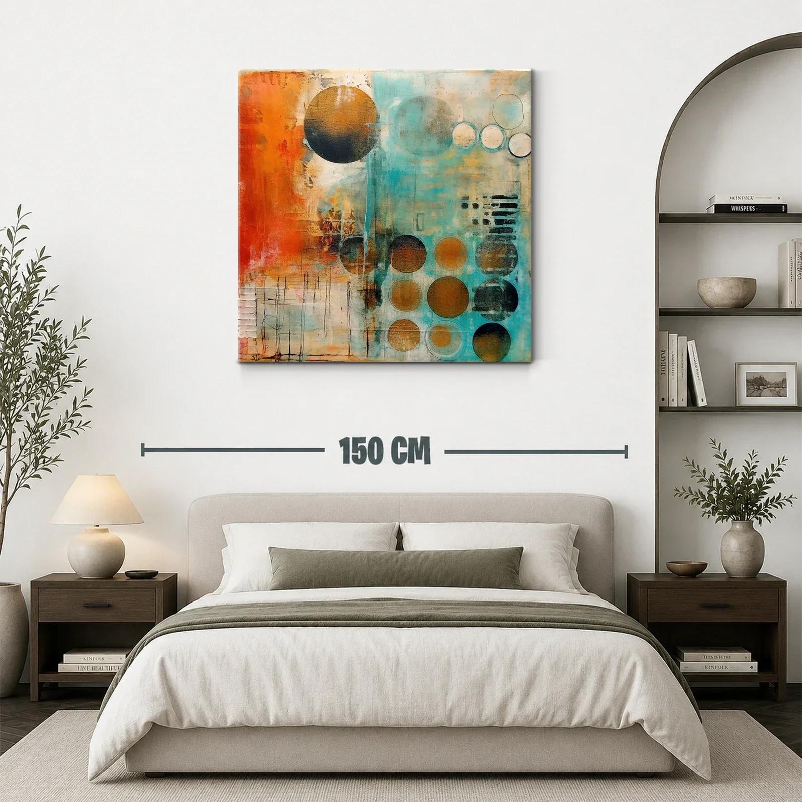 Cuadro abstracto con círculos en tonos cálidos y turquesa — miniatura 3