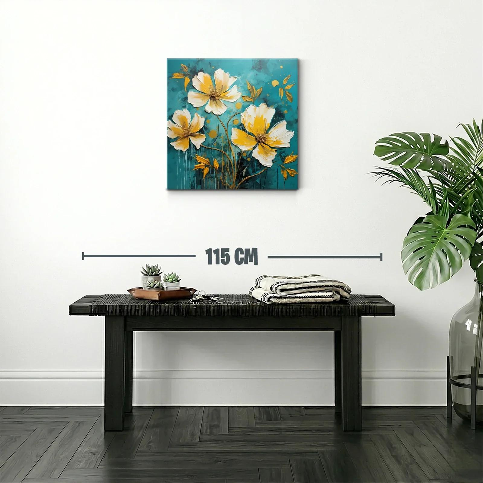 Cuadro floral moderno en tonos cálidos y fondo azul profundo — miniatura 2