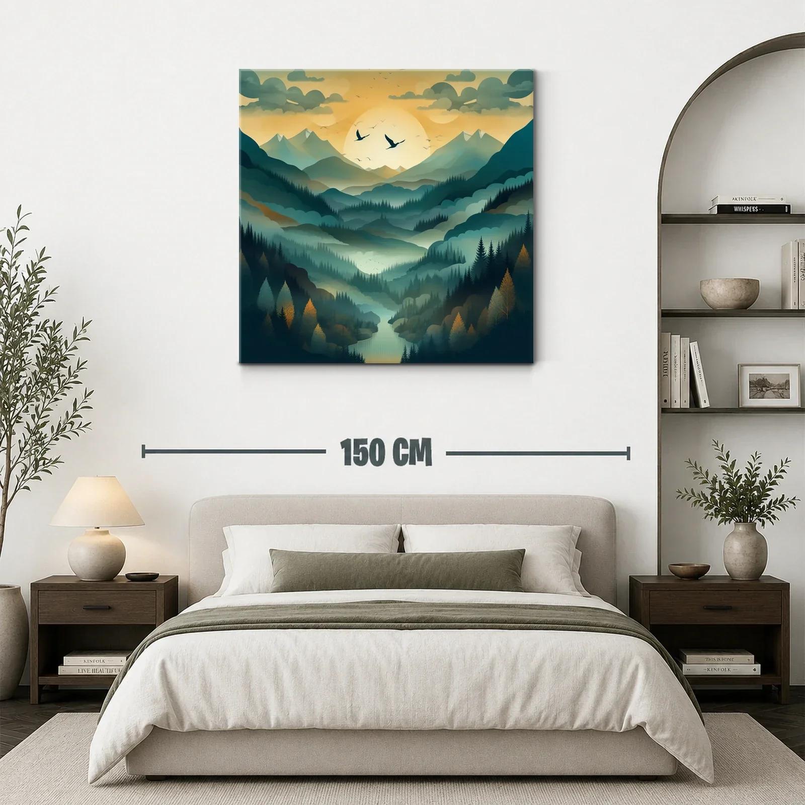 Paisaje de montañas con amanecer y vuelo de aves — miniatura 3