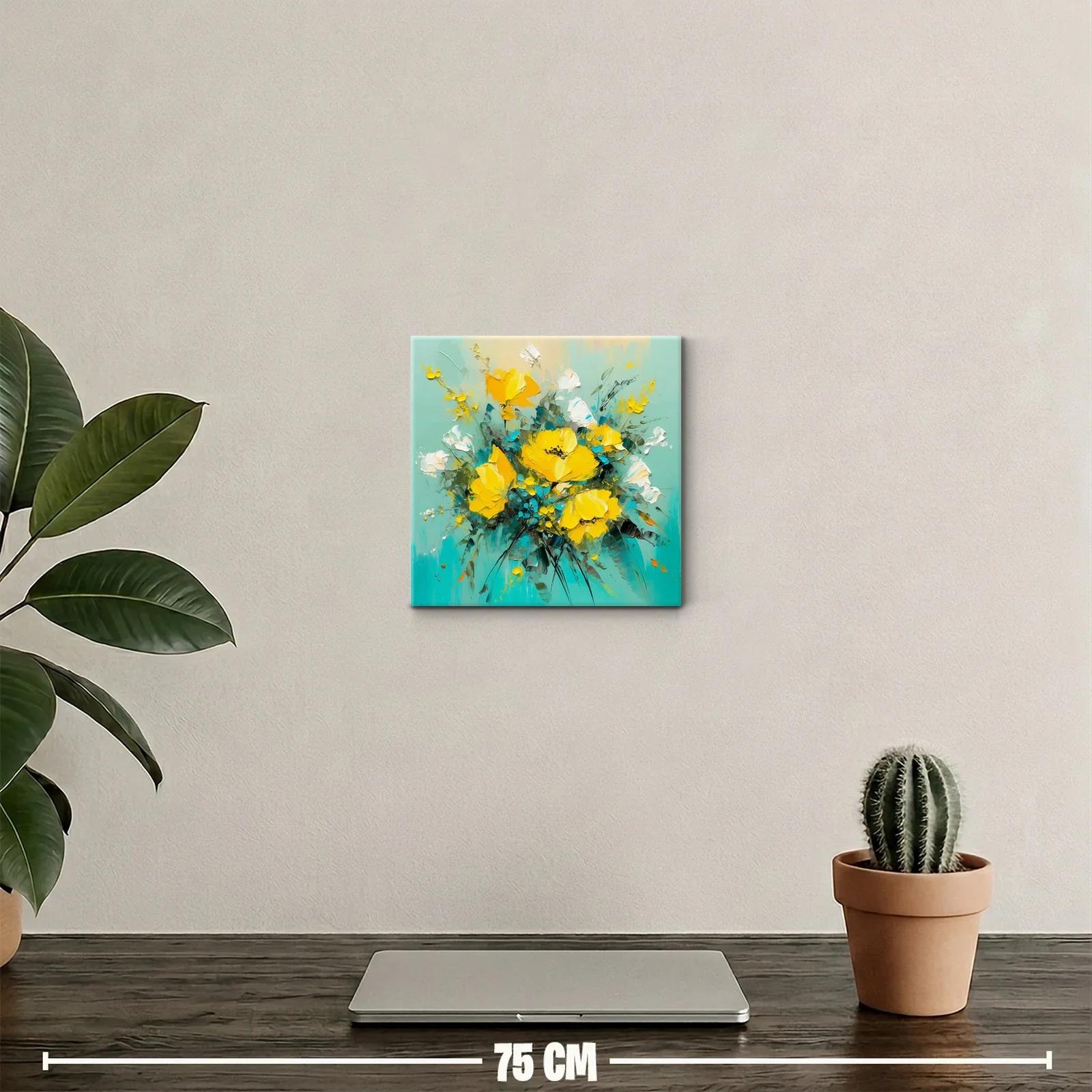 Cuadro moderno con ramo de flores amarillas y fondo turquesa — miniatura 2