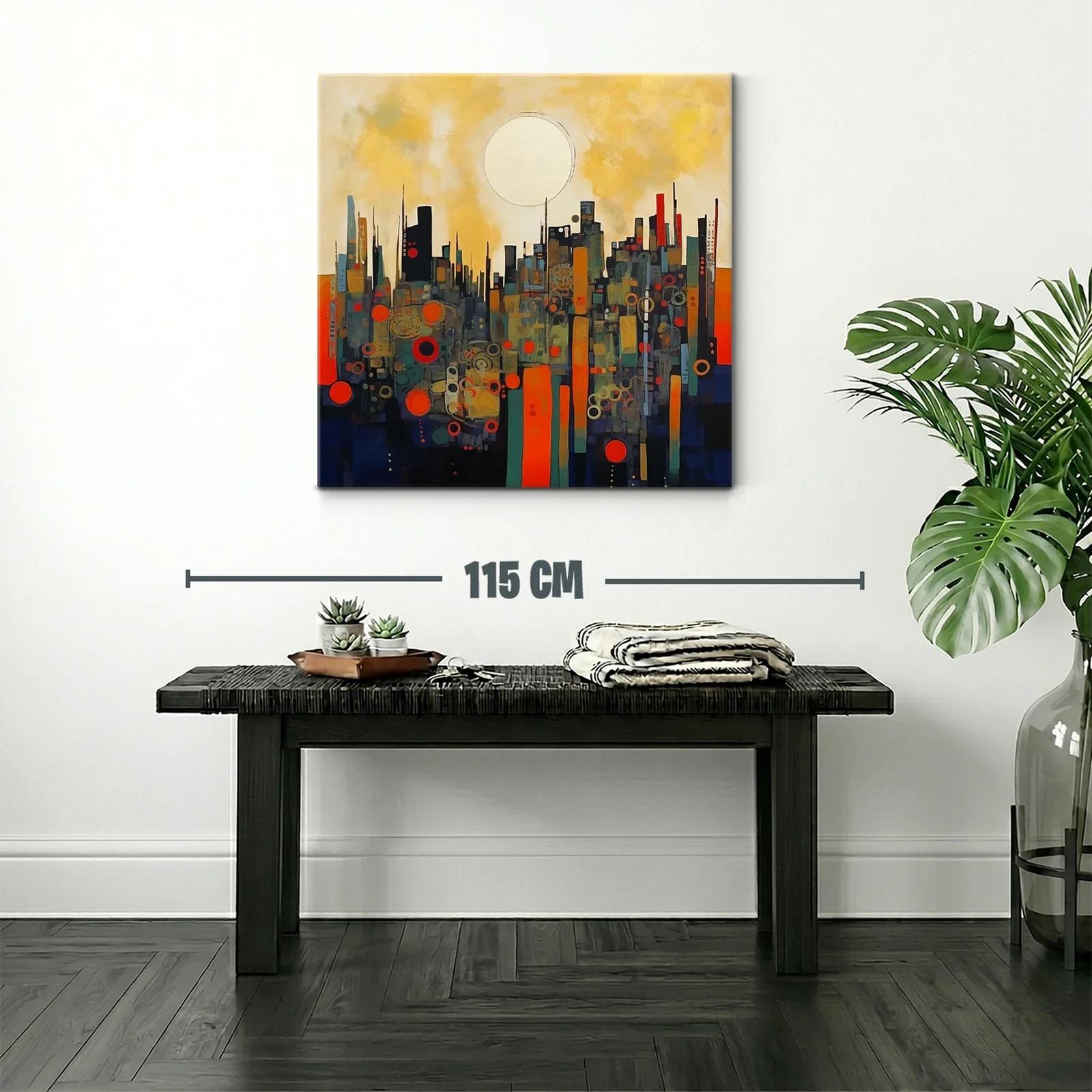 Cuadro abstracto paisaje urbano con círculo dorado — miniatura 2
