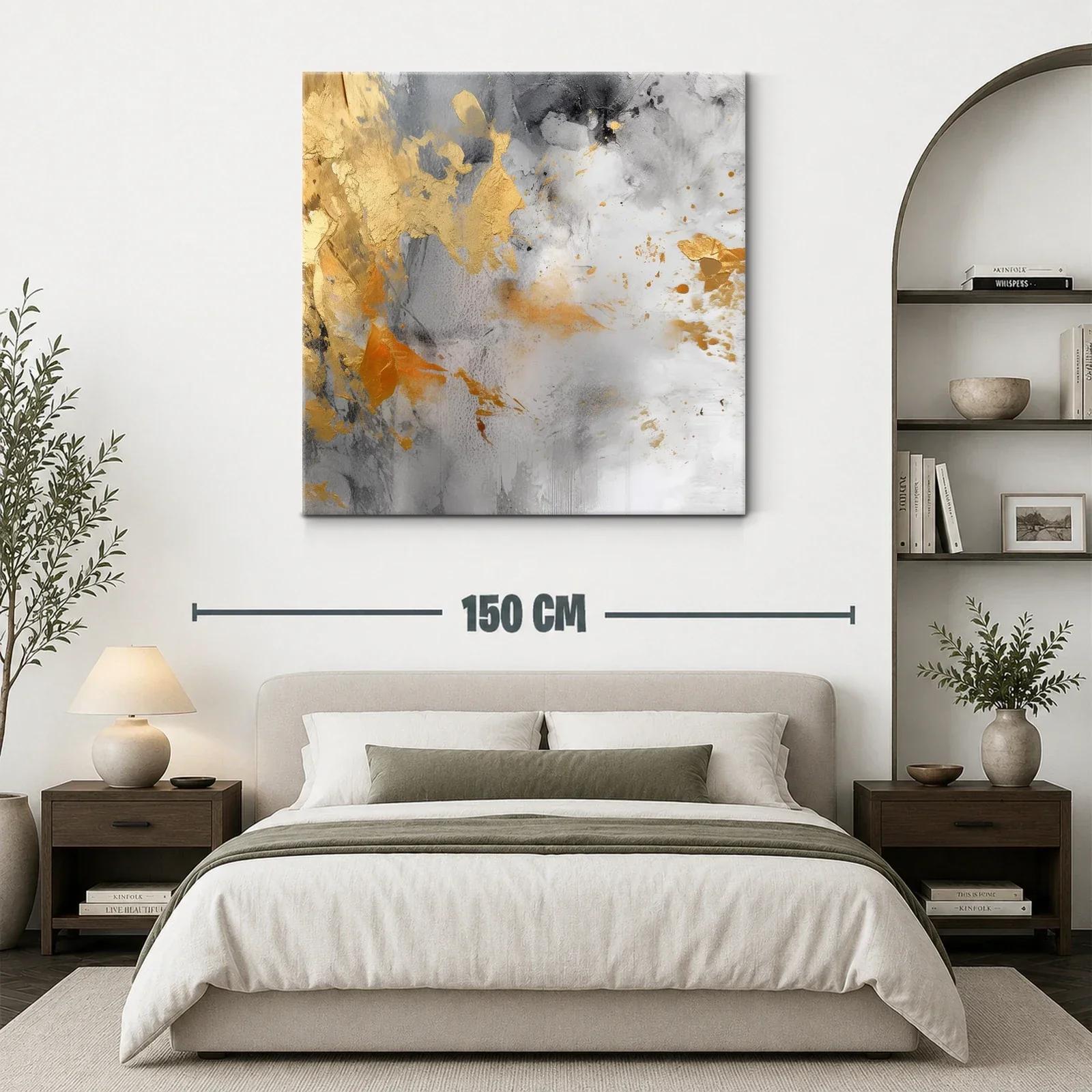 Cuadro abstracto en tonos grises con detalles dorados — miniatura 3