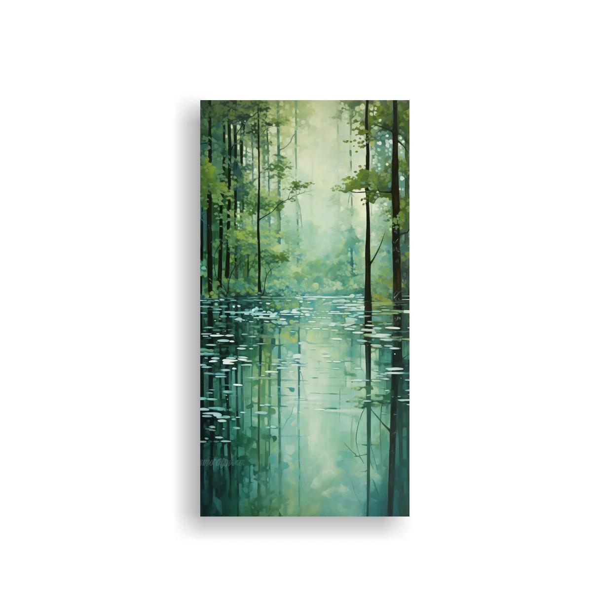 Cuadro bosque inundado con reflejos y bruma suave — imagen principal