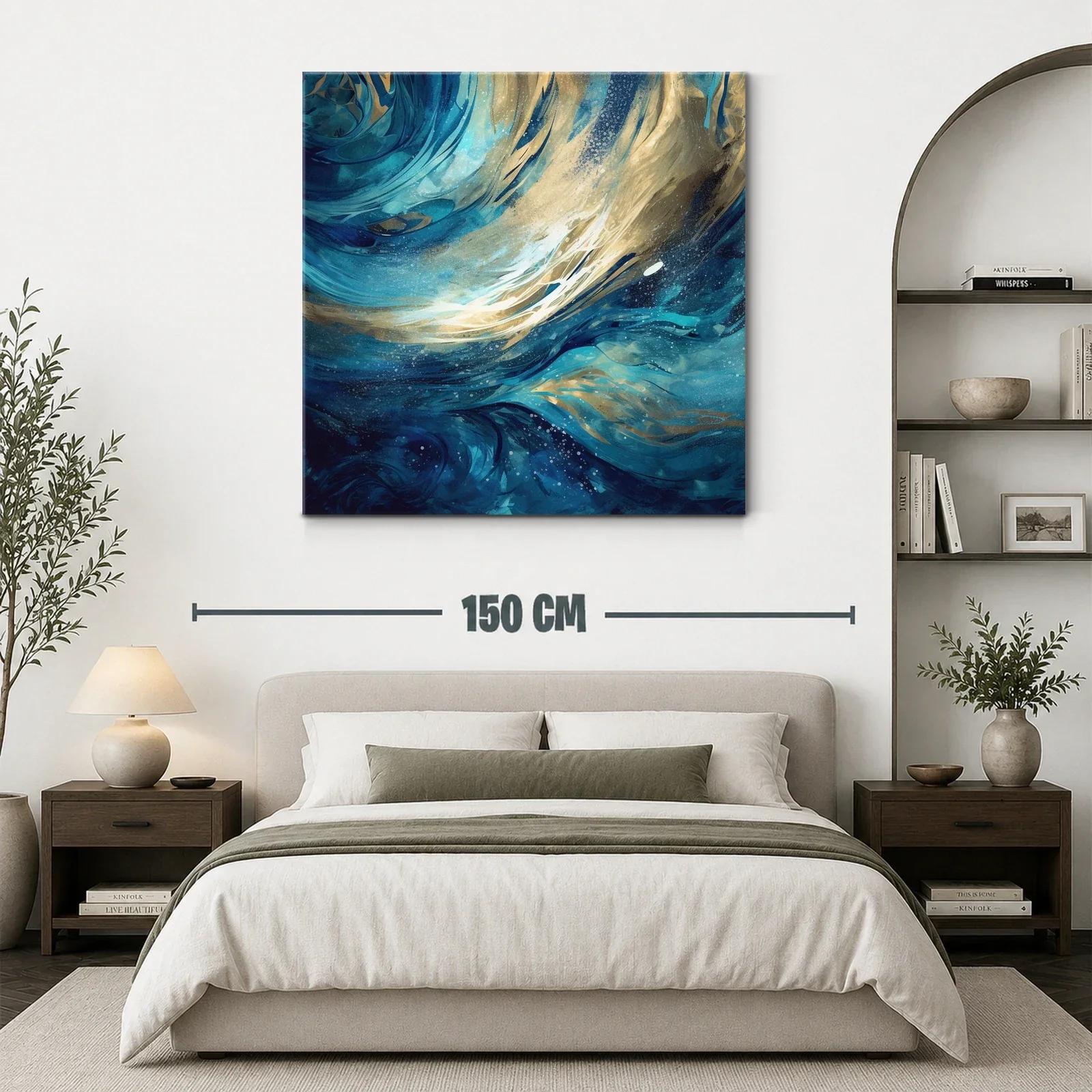 Cuadro abstracto con ondas dinámicas en tonos azul y dorado — miniatura 3
