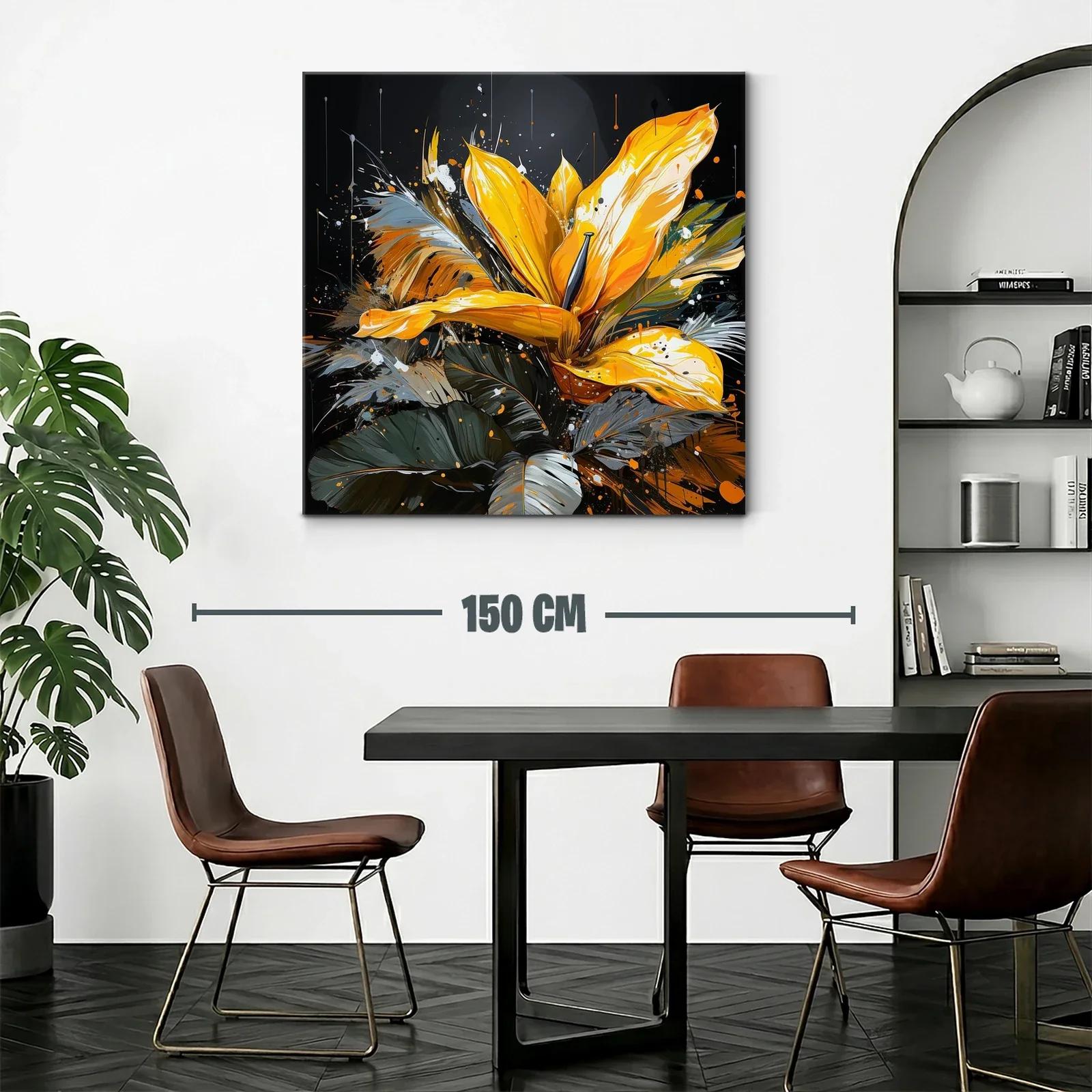 Cuadro vibrante con flor amarilla y hojas en tonos oscuros — miniatura 2