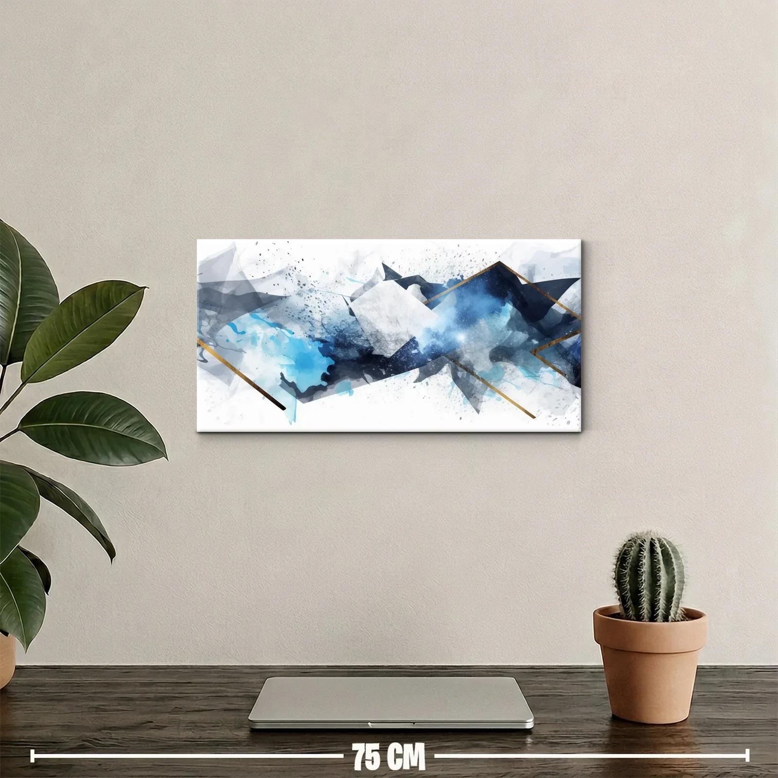Cuadro montañas abstractas azules con trazos dorados — miniatura 2