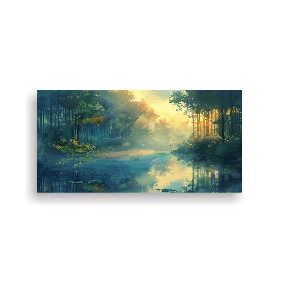 Cuadro lago en el bosque con luz dorada — imagen principal