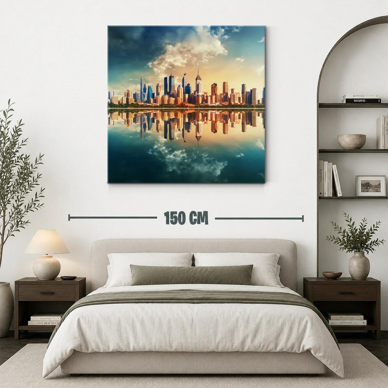 Horizonte urbano reflejado en laguna al atardecer — miniatura 3