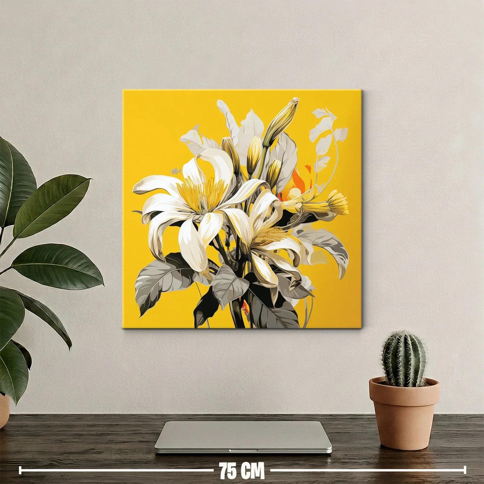 Cuadro floral con lirios blancos sobre fondo amarillo vibrante — miniatura 2