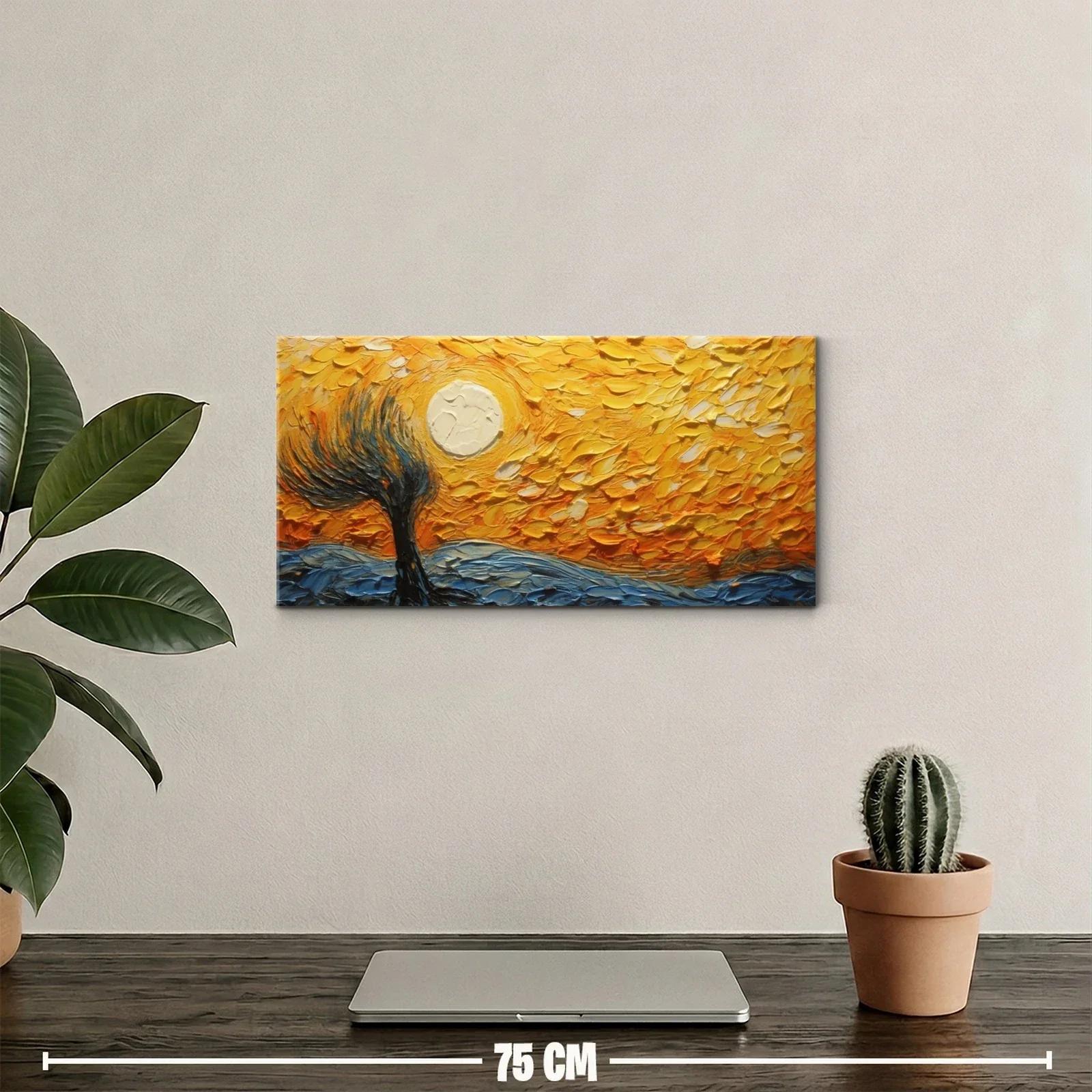Cuadro árbol inclinado por el viento con astro circular — miniatura 2