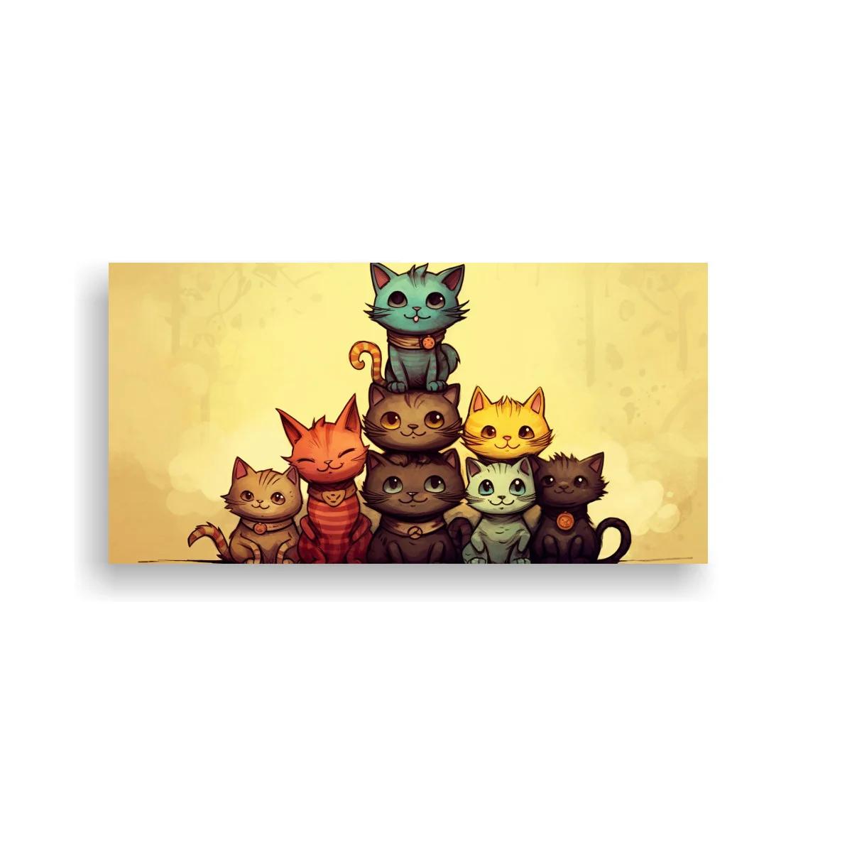 Cuadro grupo de gatos apilados con fondo amarillo texturizado