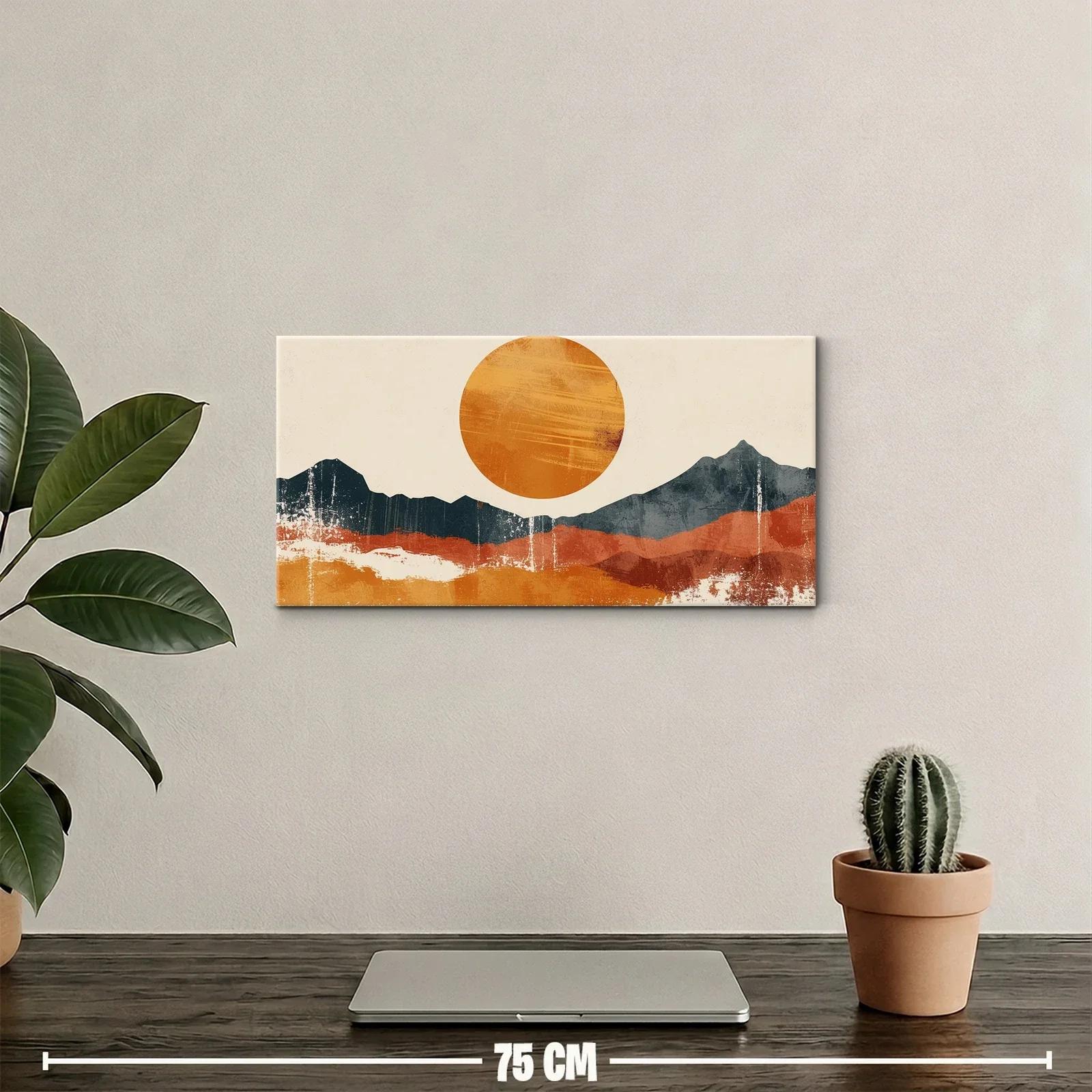 Cuadro paisaje de montañas con sol naranja y capas terracota — miniatura 2