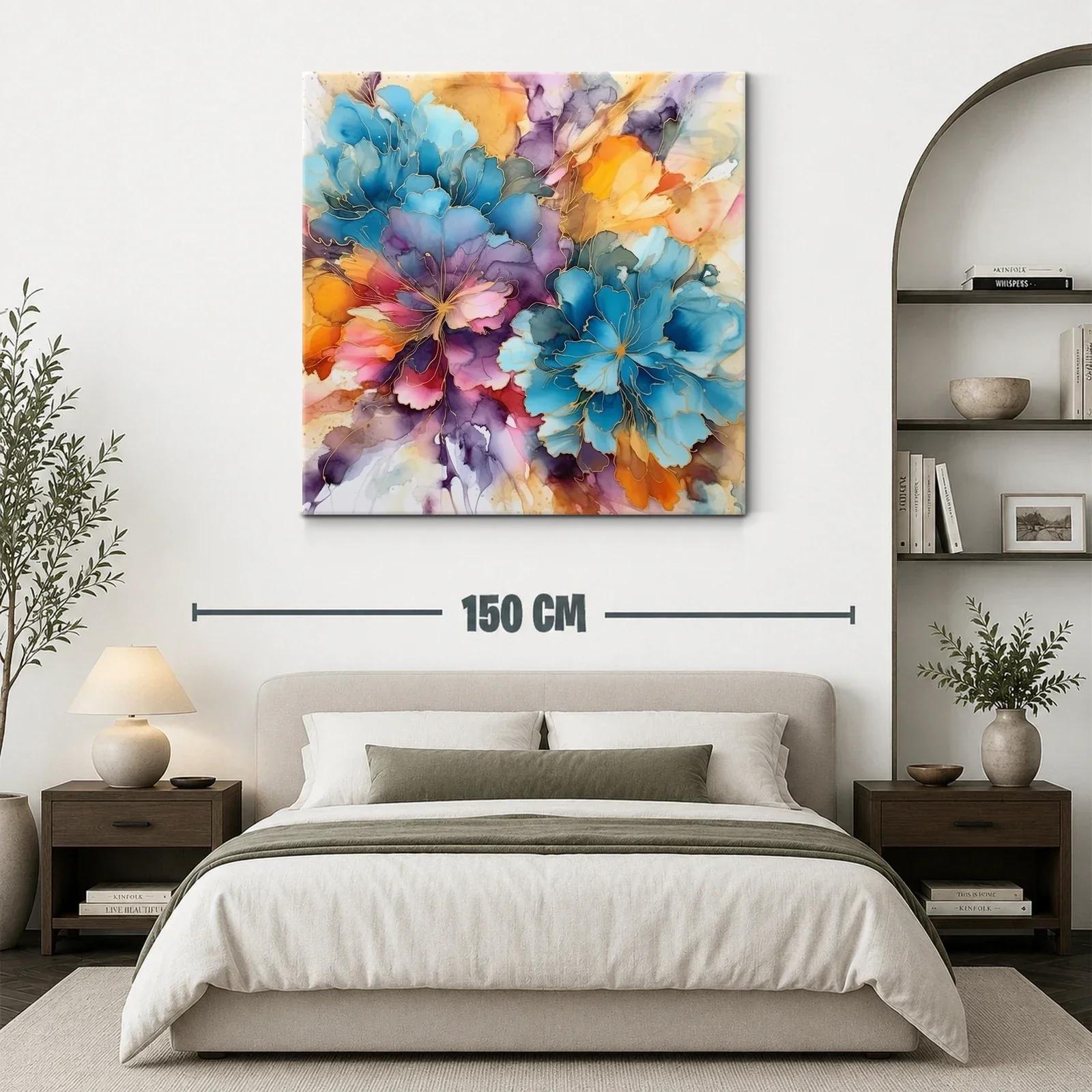 Cuadro floral abstracto en vibrantes tonos azul y naranja — miniatura 3