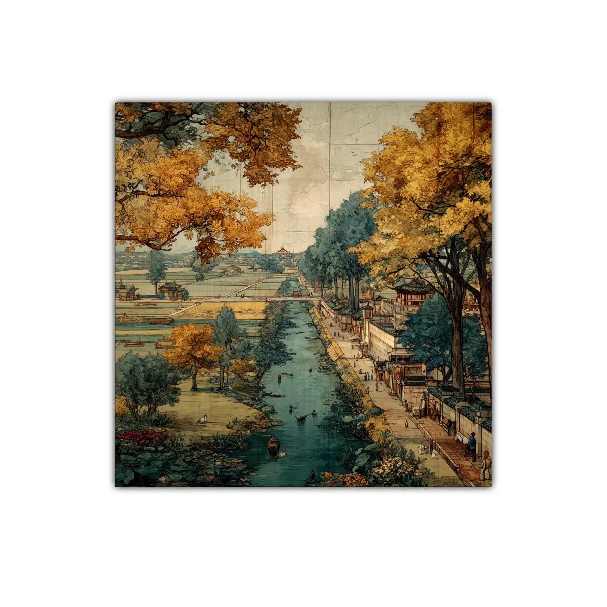Paisaje clásico junto al río con árboles dorados — miniatura 1