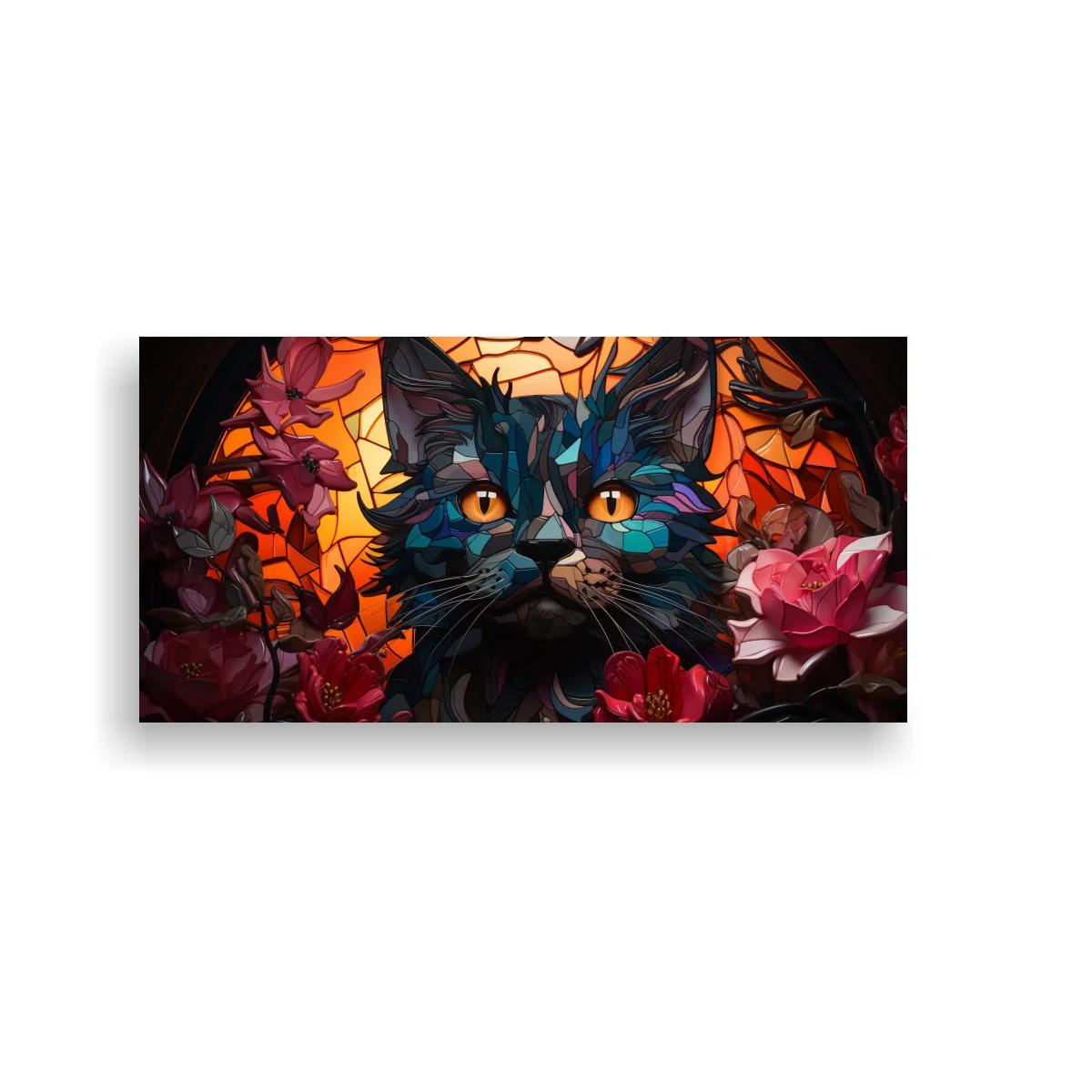 Cuadro gato negro de ojos amarillos con flores geométricas — imagen principal