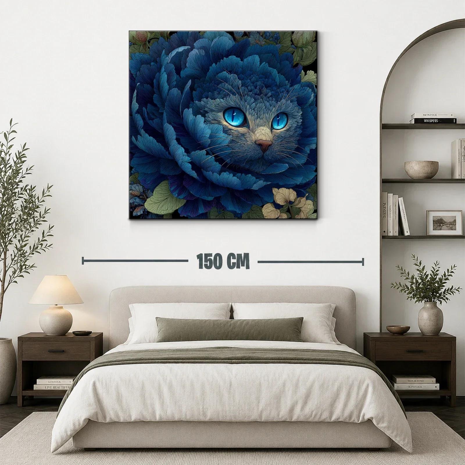 Gato entre pétalos azules con mirada hipnótica y detalle floral — miniatura 3
