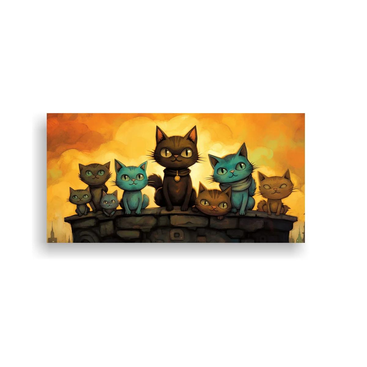 Cuadro grupo de gatos sobre tejado con luna dorada — imagen principal