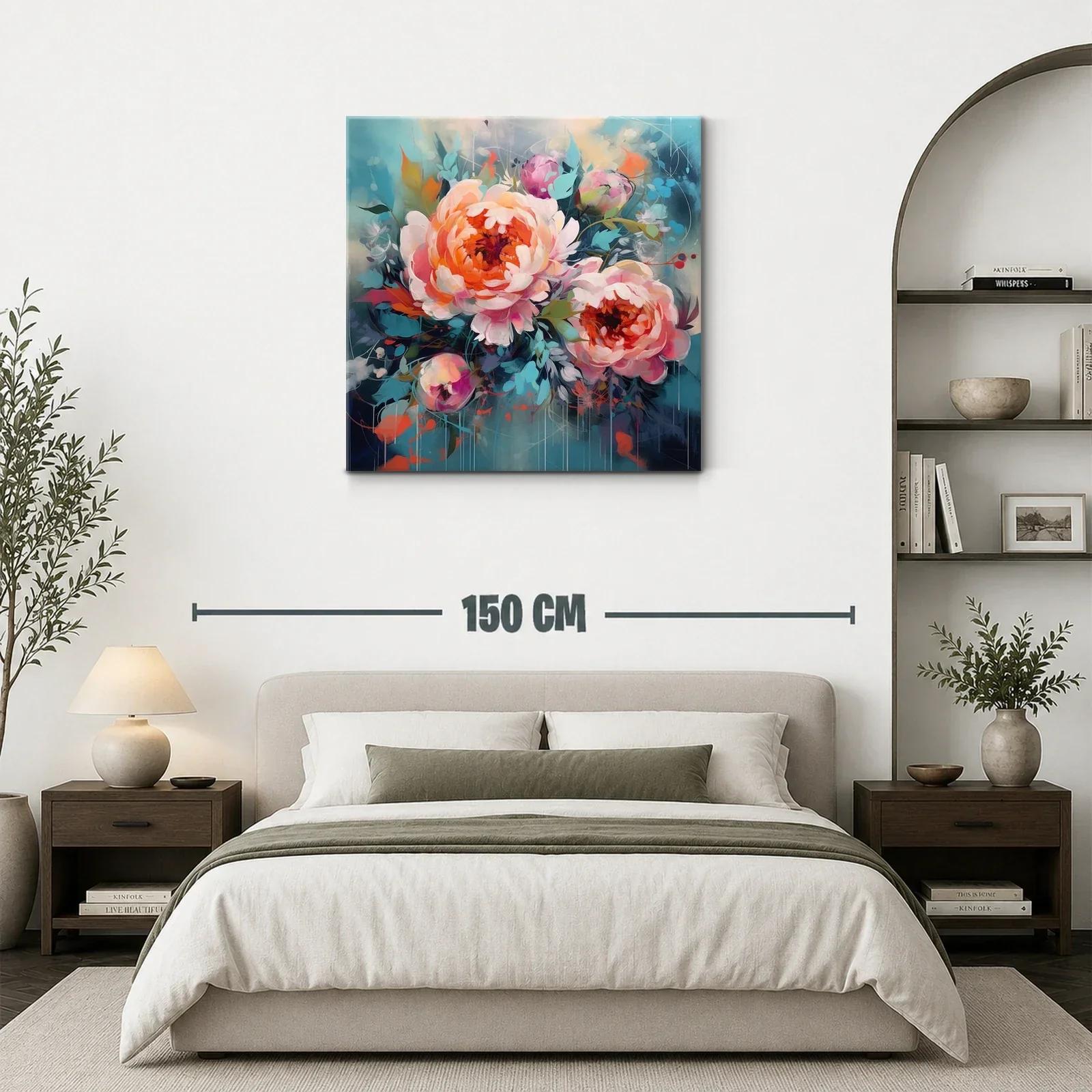 Cuadro floral con vibrantes peonías en tonos cálidos y fríos — miniatura 3