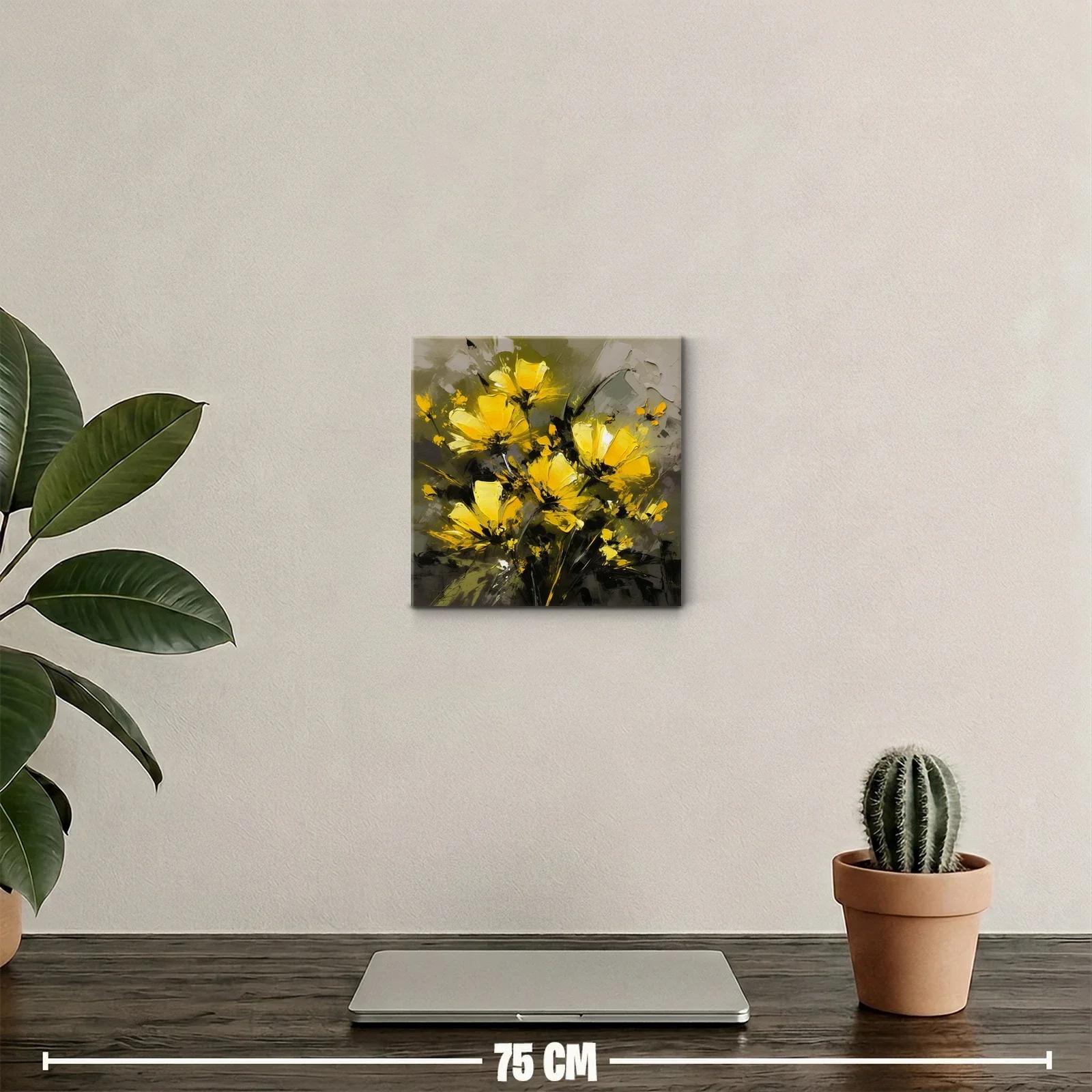 Cuadro decorativo con flores amarillas vibrantes sobre fondo oscuro — miniatura 2