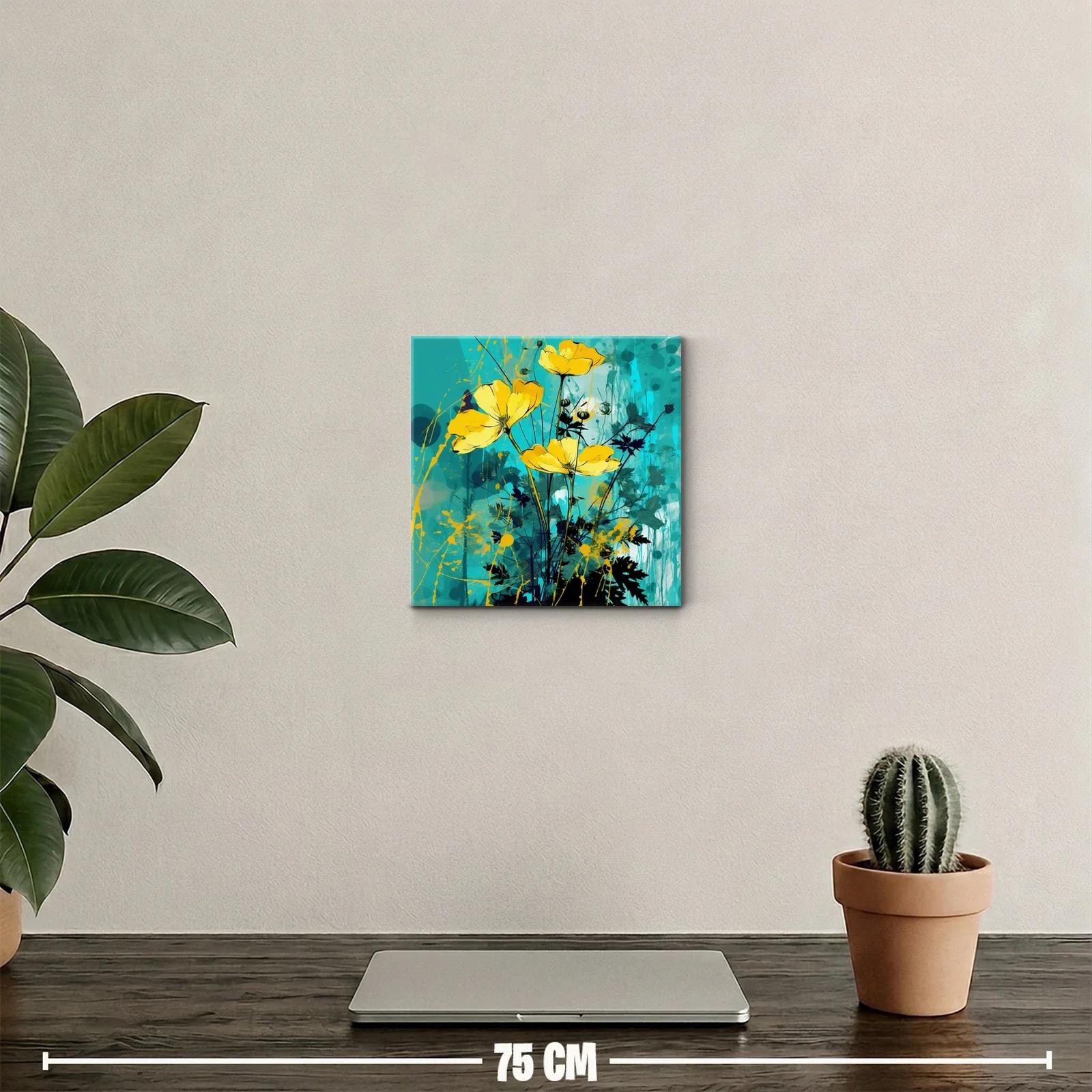 Cuadro decorativo flores amarillas vibrantes con fondo azul — miniatura 2
