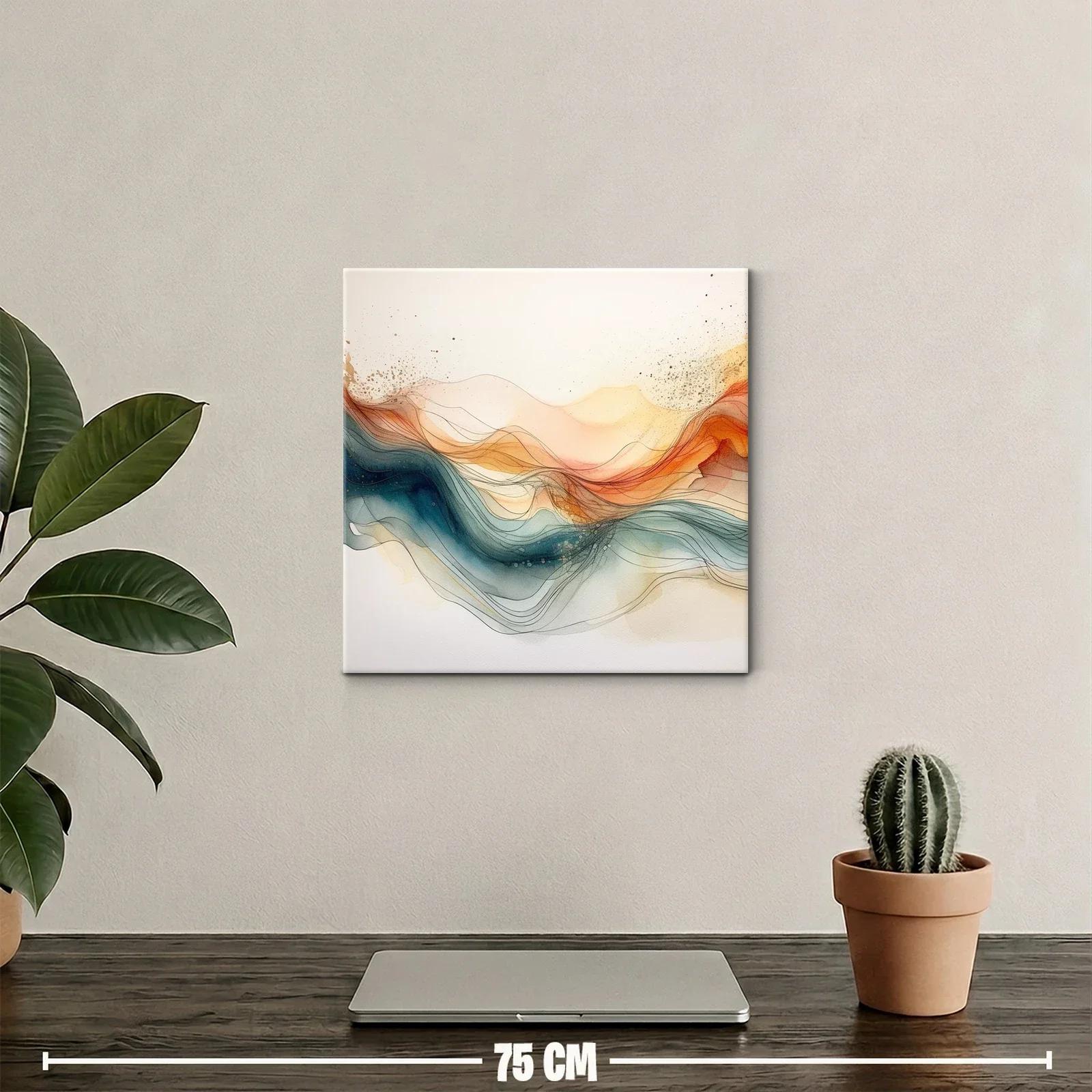 Cuadro abstracto con líneas fluidas y tonos cálidos y fríos — miniatura 2