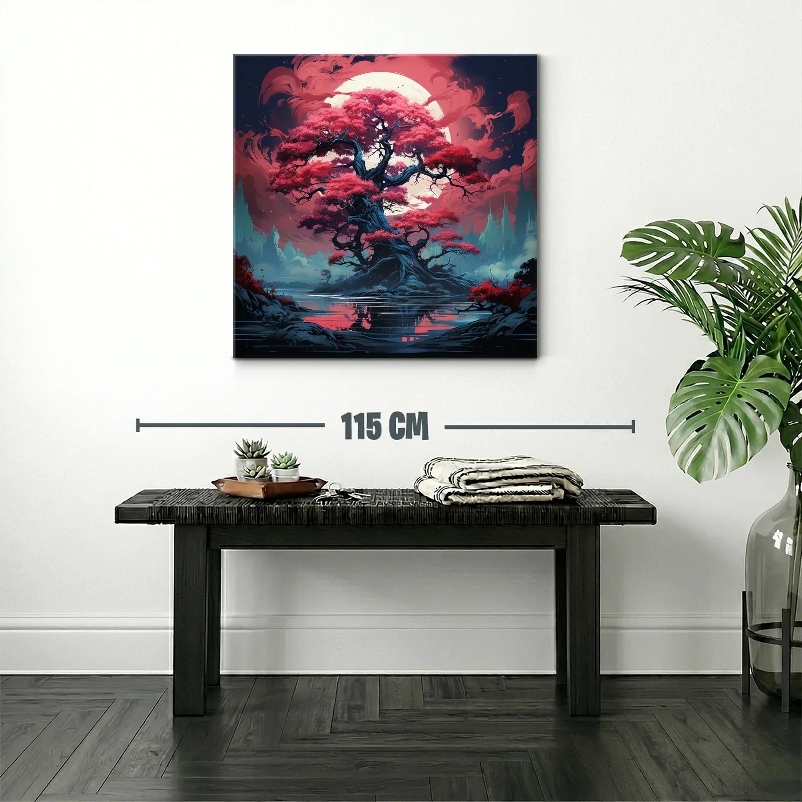 Árbol mágico con hojas rojas bajo luna llena brillante — miniatura 2