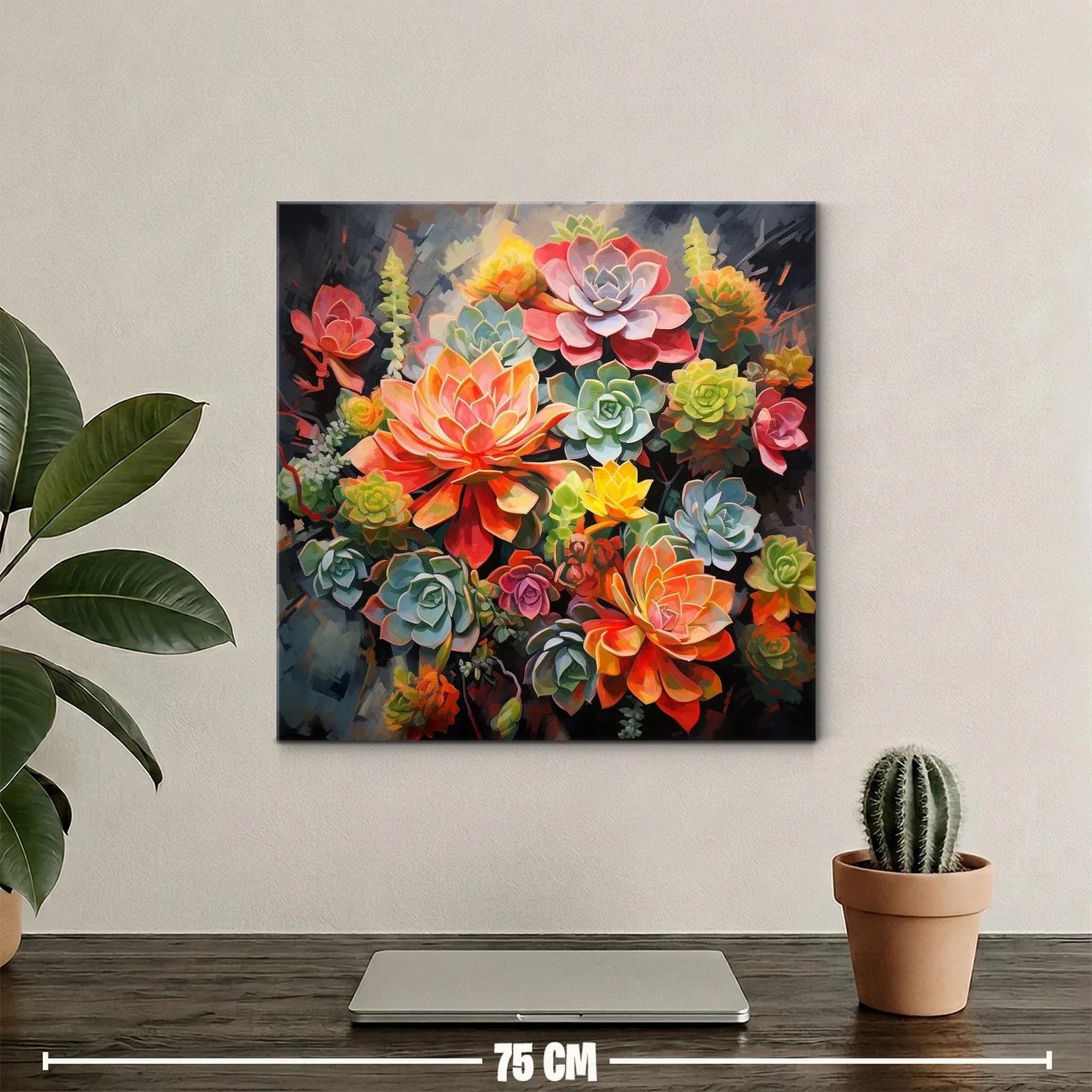 Cuadro floral vibrante con suculentas en tonos cálidos y verdes — miniatura 2