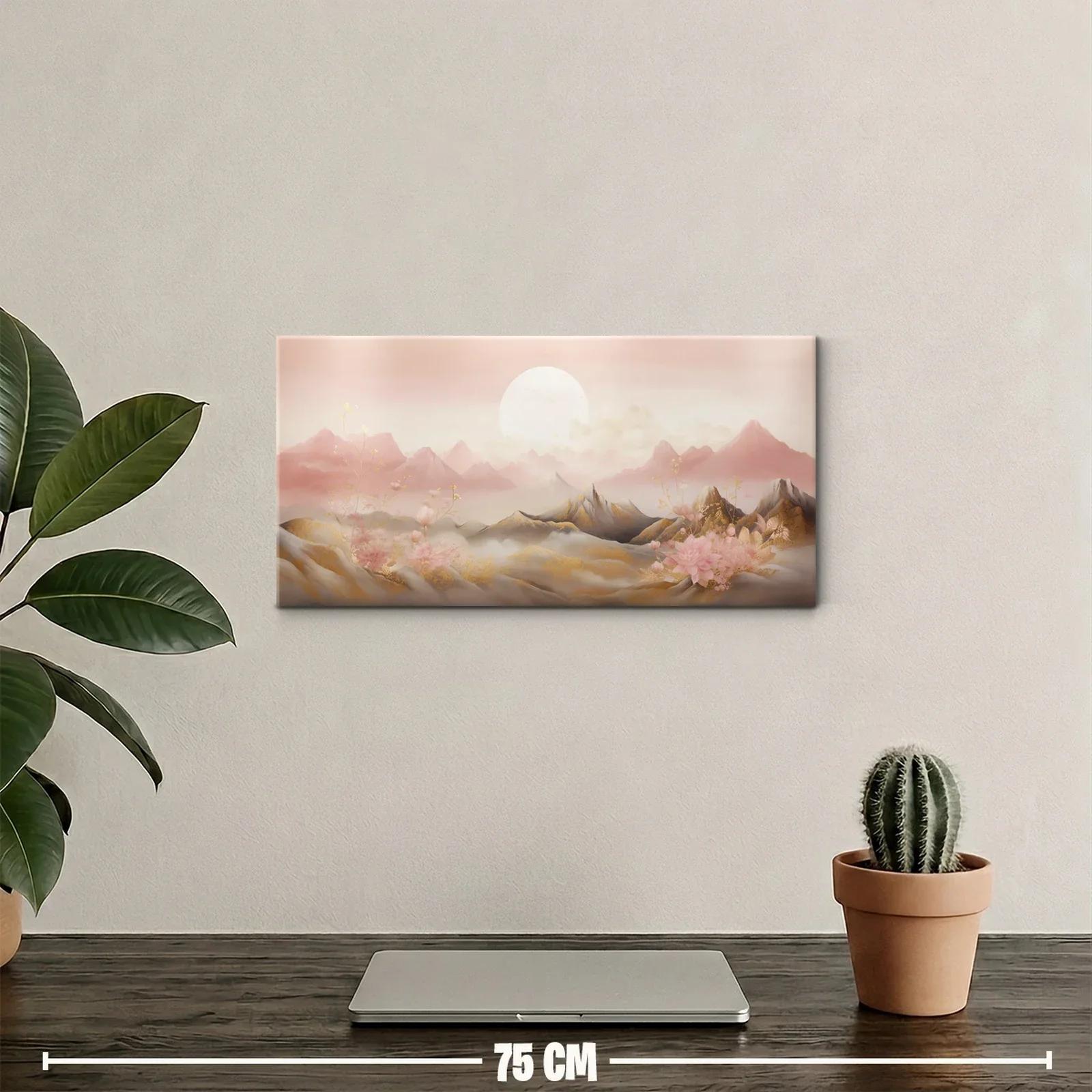 Cuadro paisaje montañoso entre nubes con flores rosadas — miniatura 2