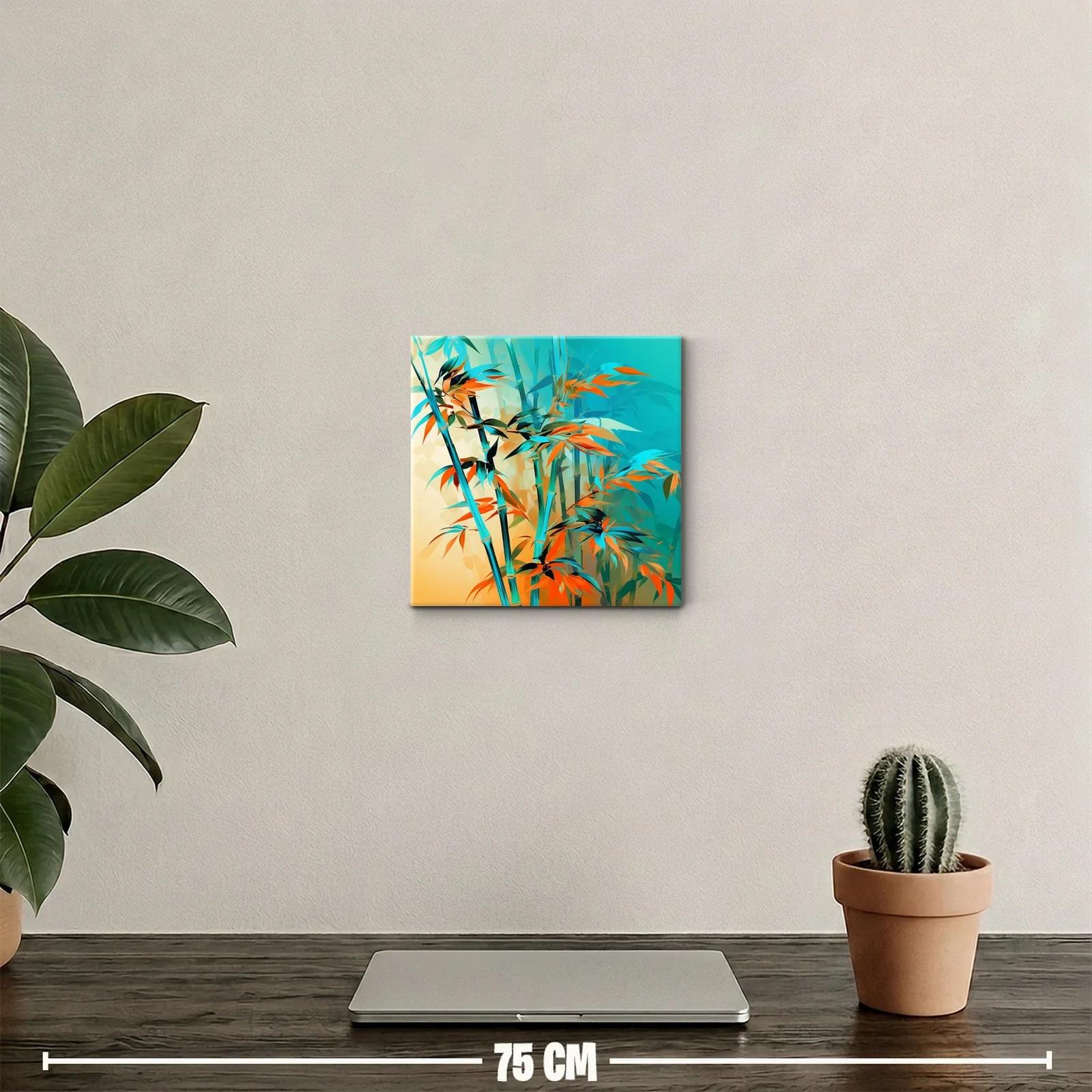 Cuadro decorativo con cañas y hojas en tonos turquesa y naranja — miniatura 2