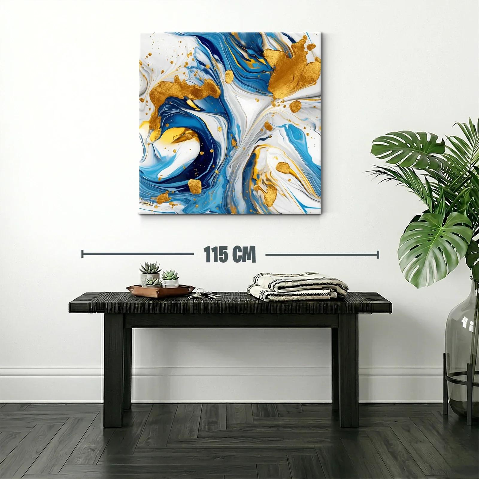 Cuadro abstracto con tonos azules y detalles dorados vibrantes — miniatura 2