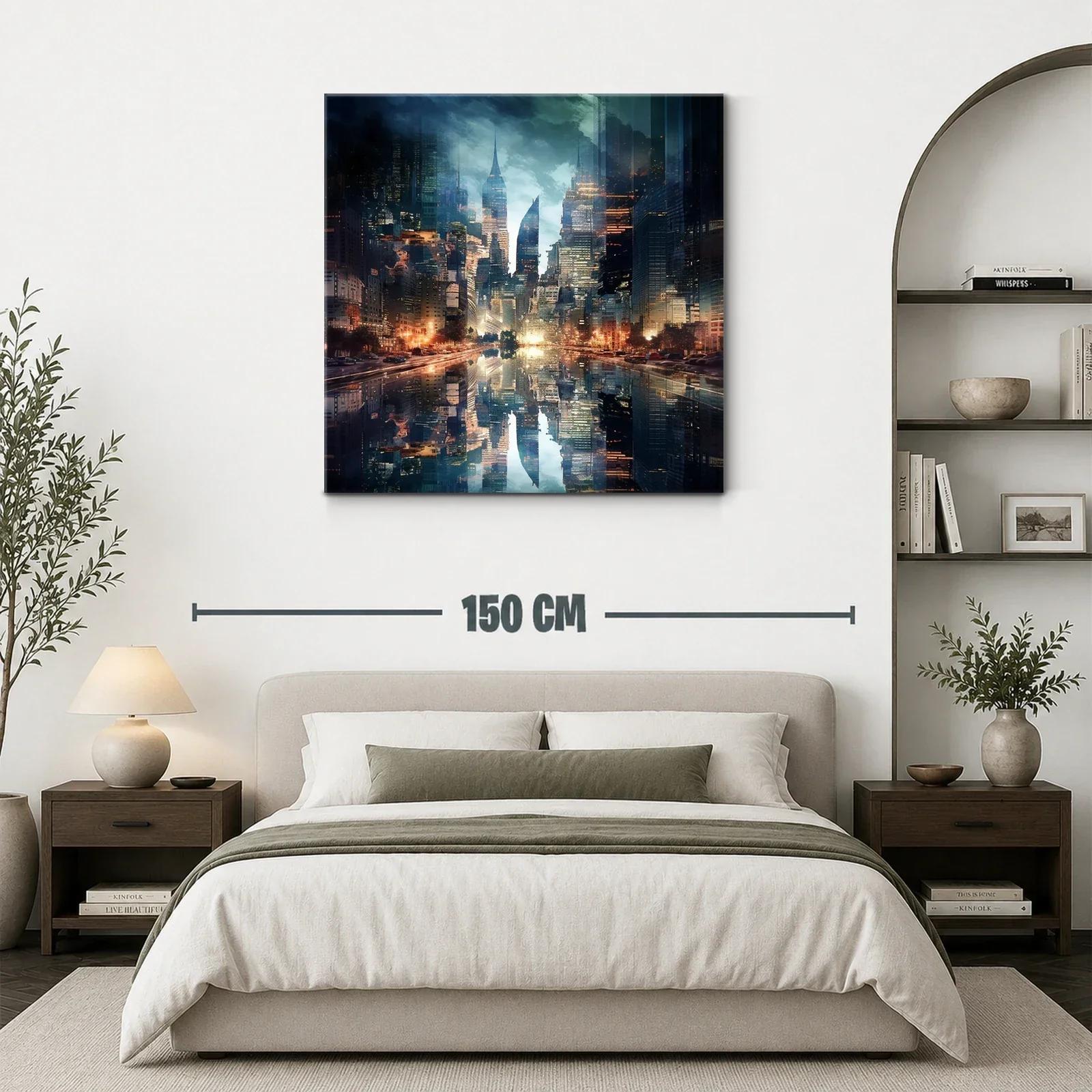 Ciudad futurista reflejada en agua con luces doradas y azules — miniatura 3