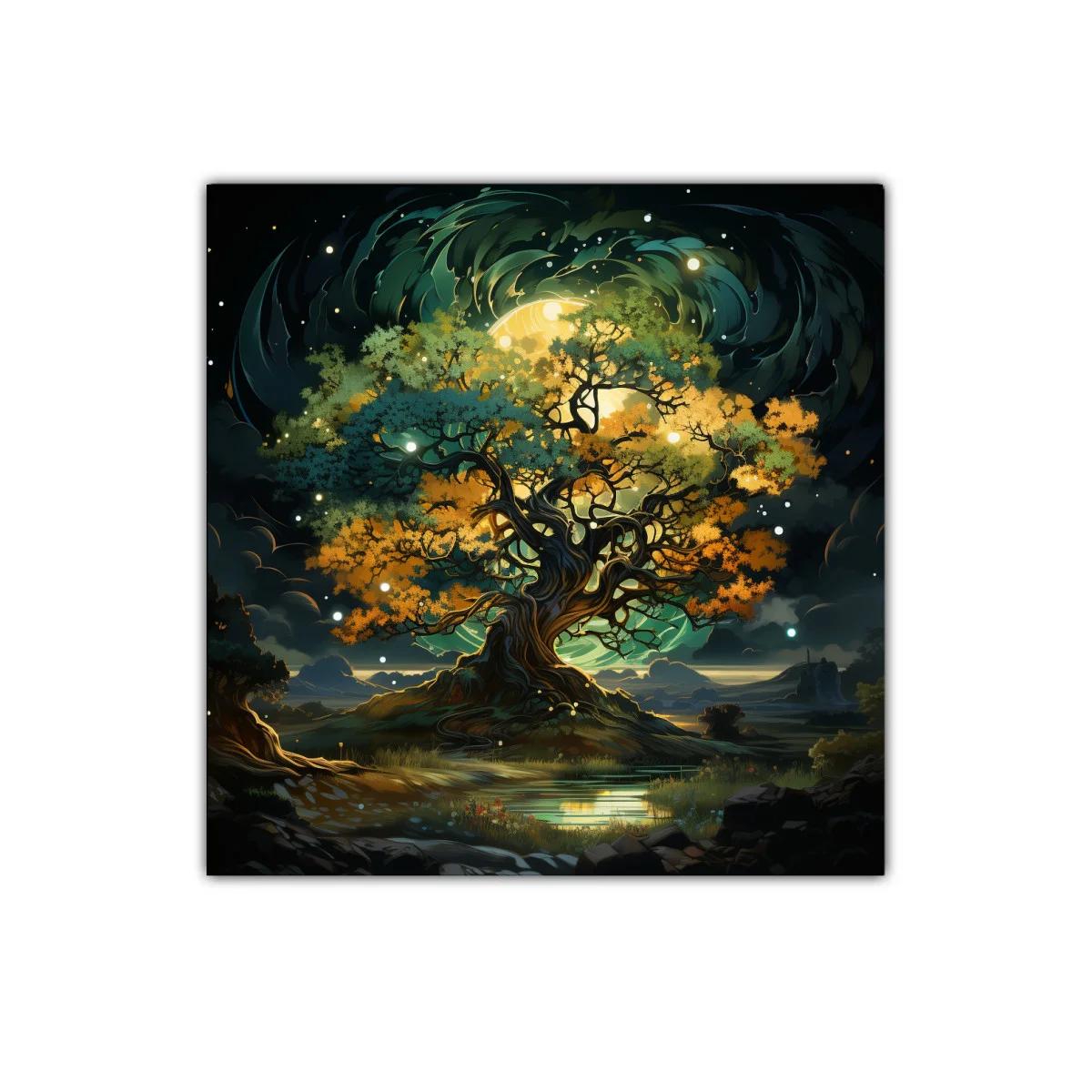 Árbol mágico iluminado en paisaje nocturno fascinante