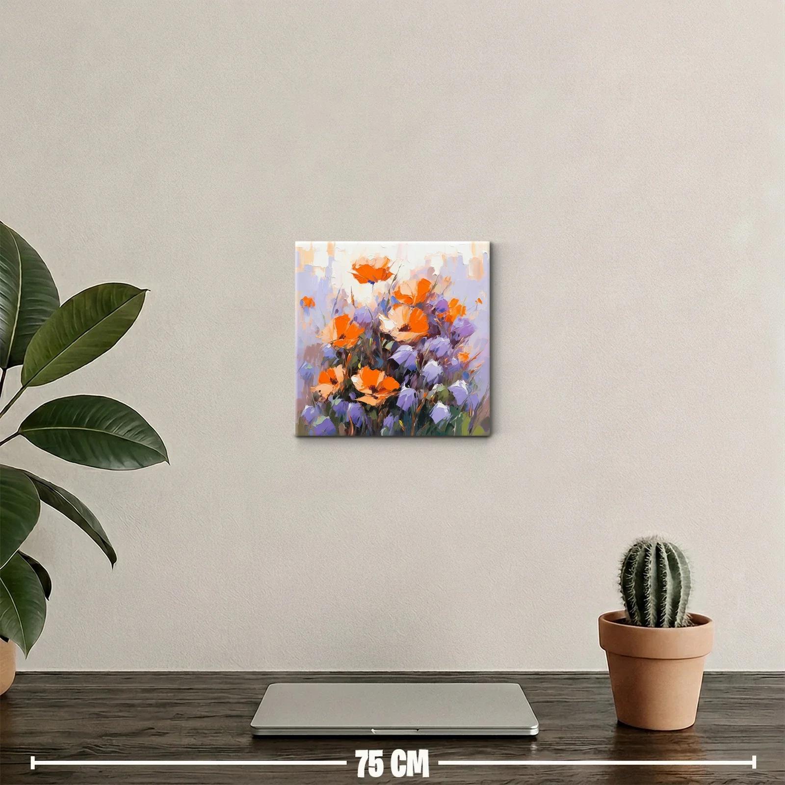 Cuadro decorativo con vibrantes flores naranjas y moradas — miniatura 2