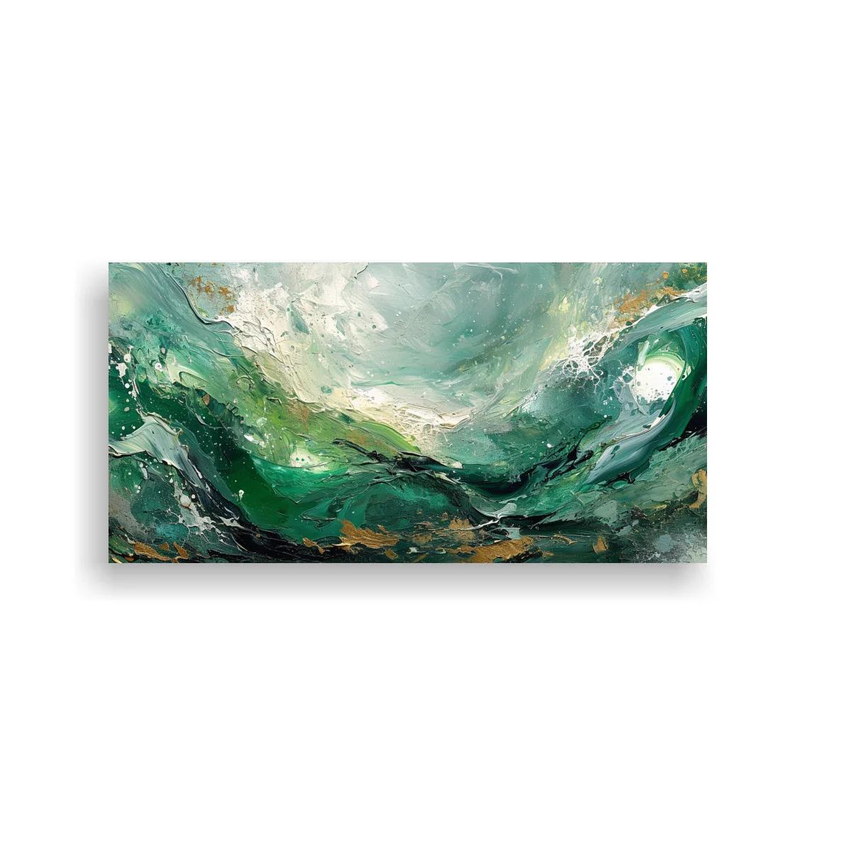 Cuadro ola abstracta en verde esmeralda con acentos dorados — imagen principal