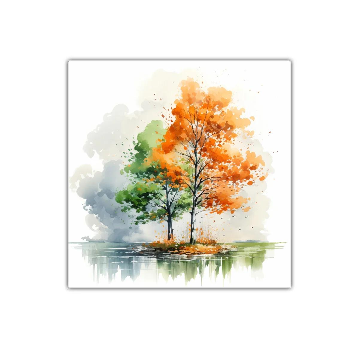 Árboles en otoño con reflejo sereno y colores vibrantes
