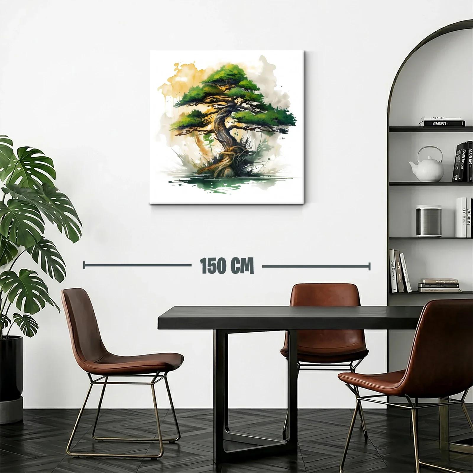Árbol bonsái con tonos verdes y dorados en acuarela moderna — miniatura 2
