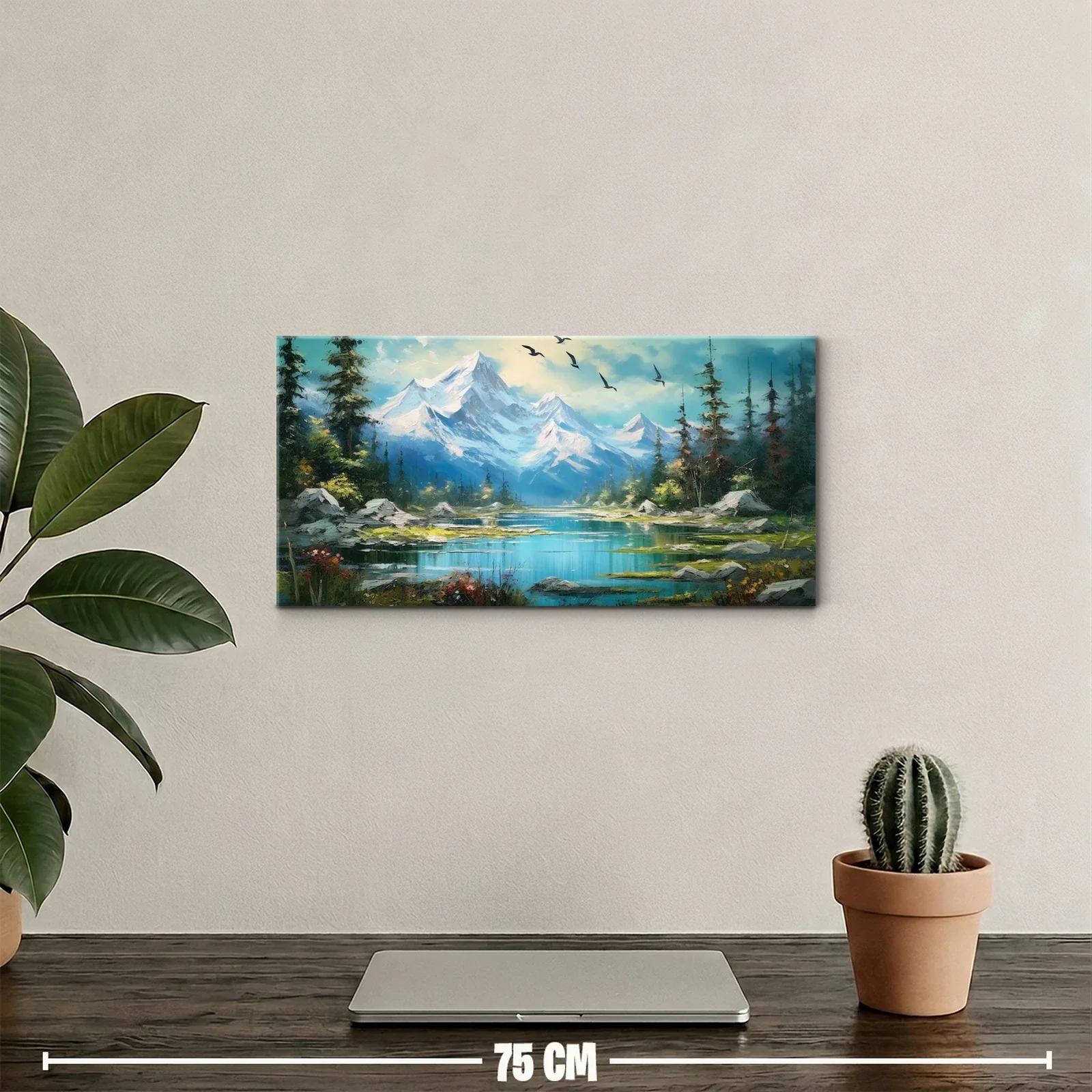 Cuadro lago de montaña con picos nevados y flores silvestres — miniatura 2
